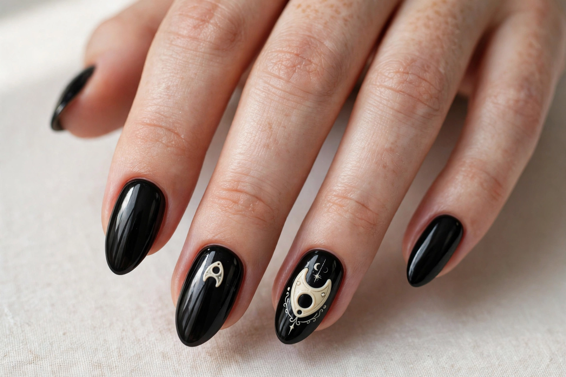 Jet black nails with a cream ouija board planchette design on accent nails