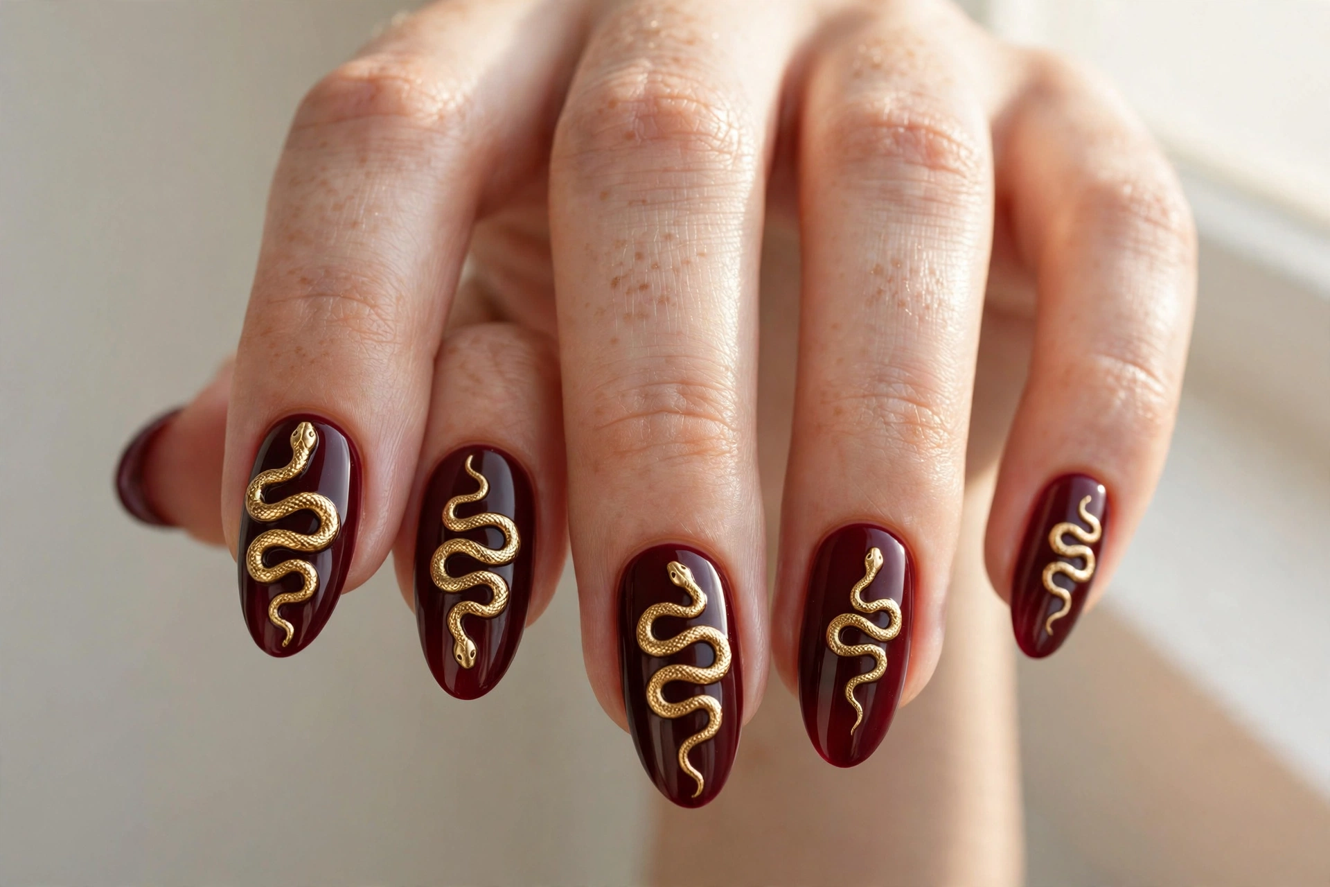 Dark red nails with elegant coiled gold snake motifs