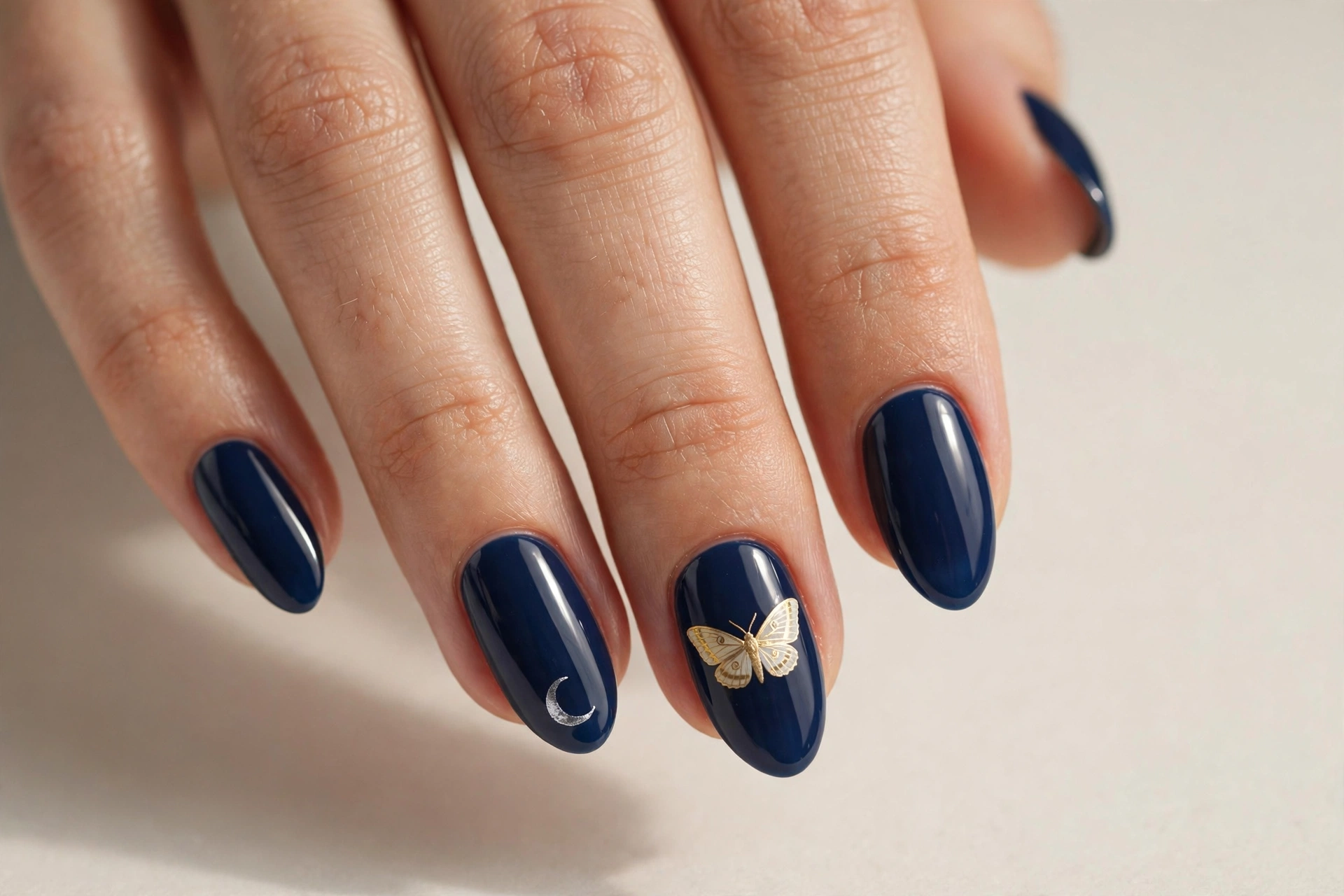 Navy blue nails with a pale golden moth and silver crescent moon
