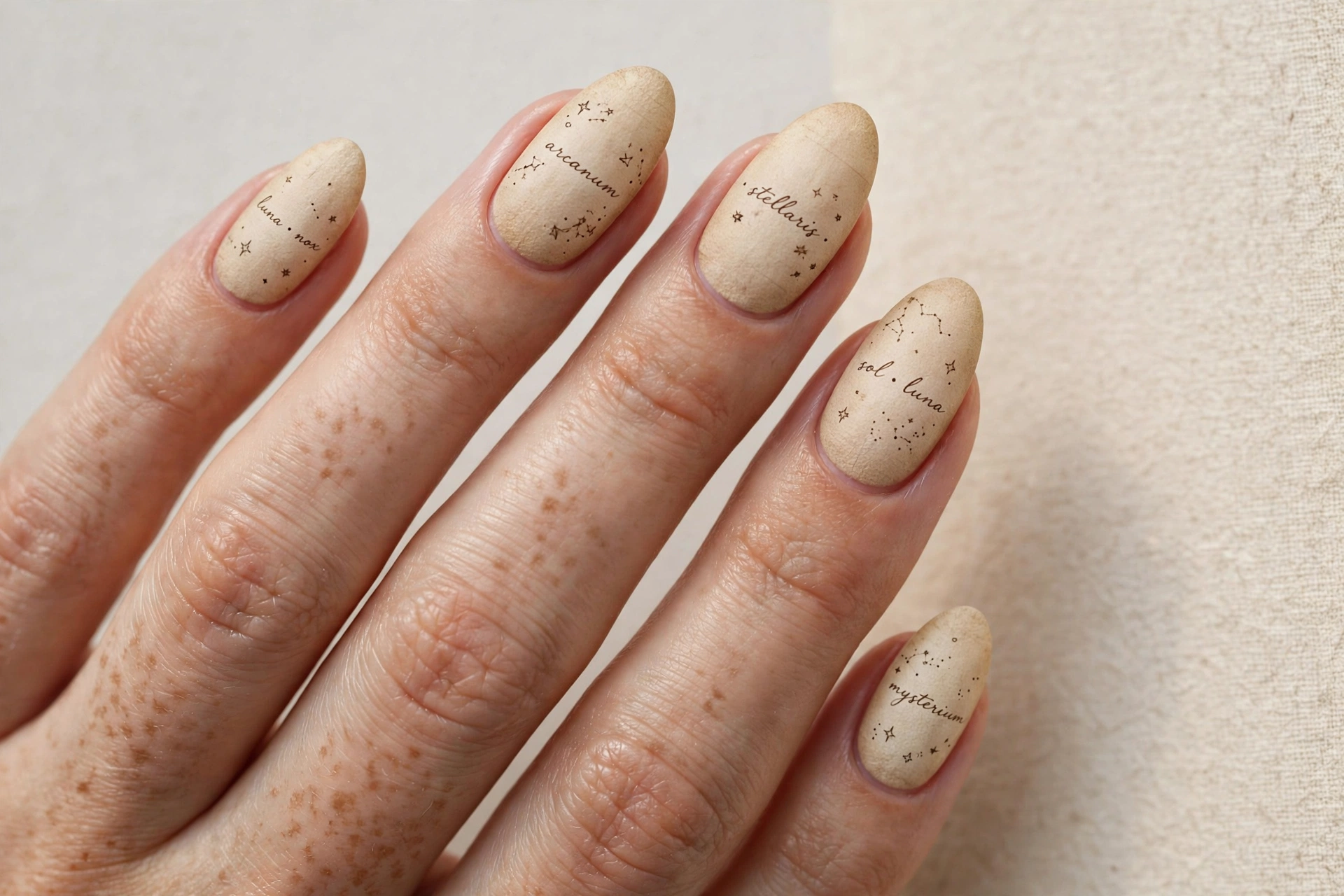 Parchment beige nails with tiny handwritten spellbook script and ink stars