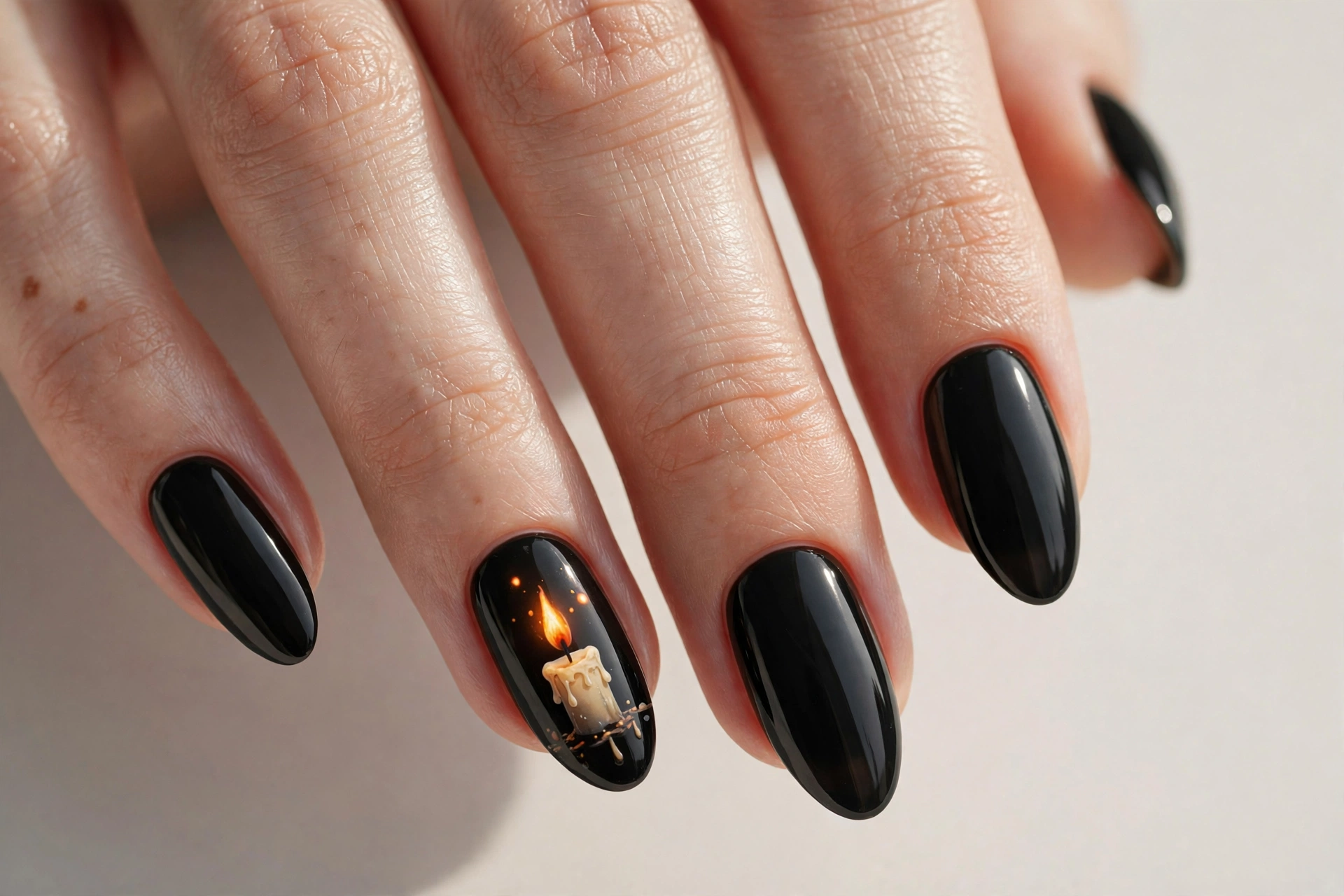 Black nails with small painted lit candles with glowing orange flames