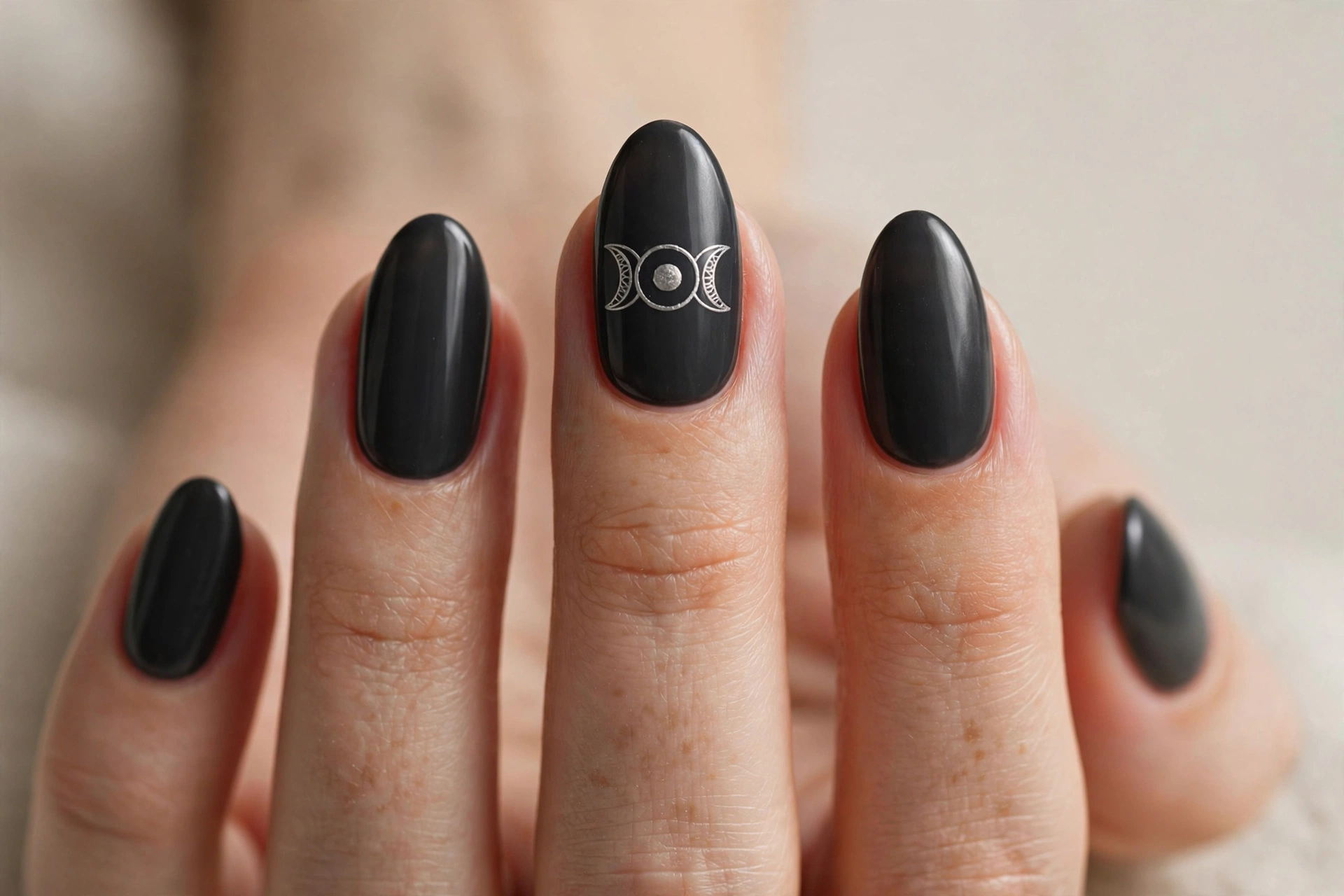 Charcoal black nails with a silver triple moon goddess symbol