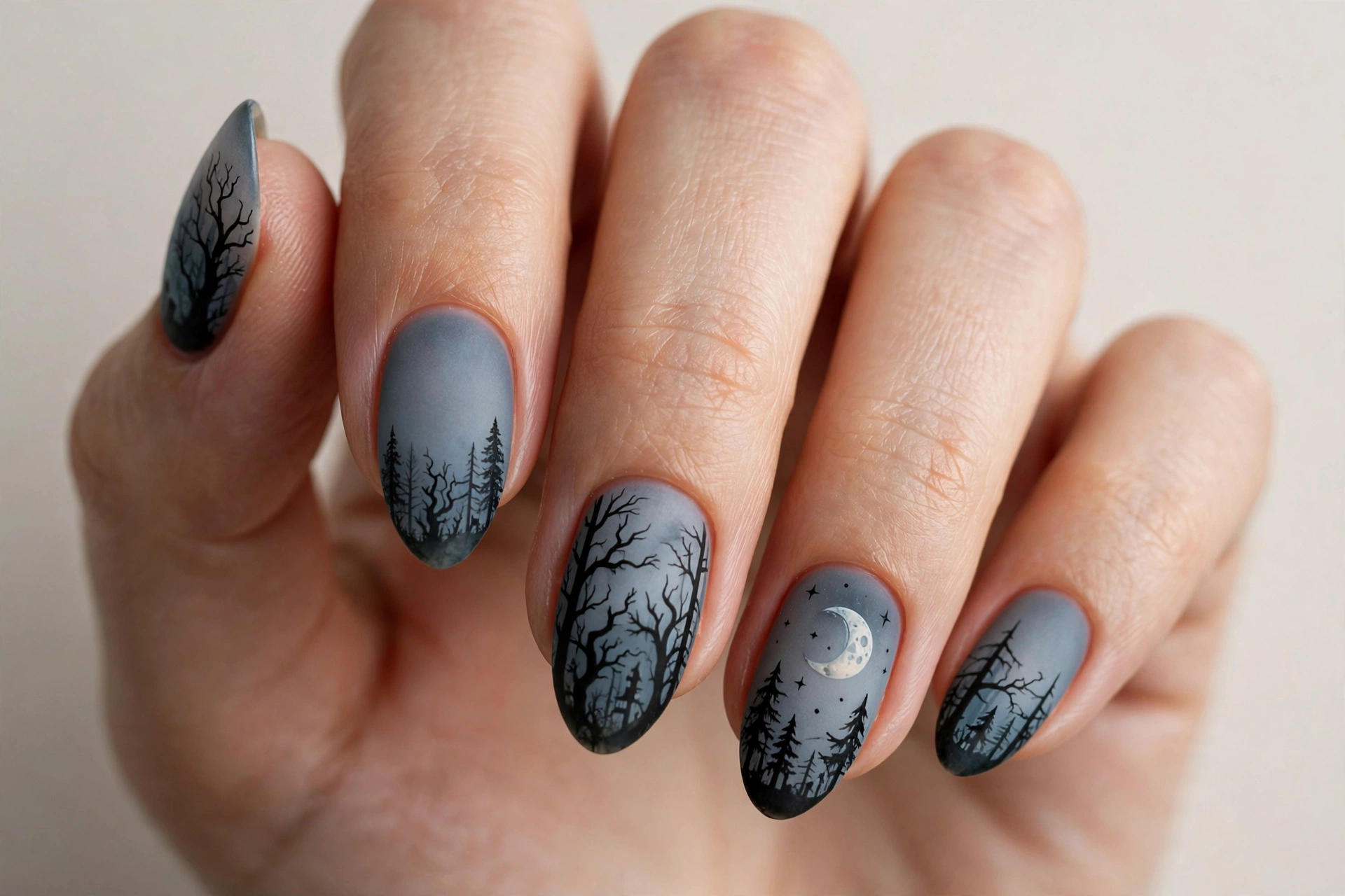 Foggy gray blue nails with black haunted forest tree silhouettes and a pale moon