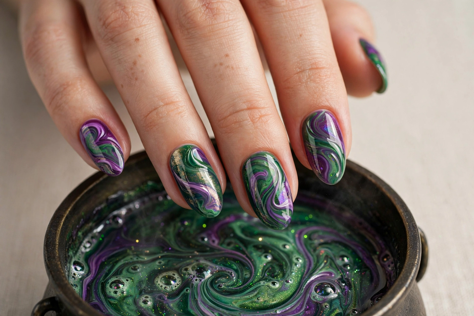 Swirling green and purple potion marble nails like magical liquid