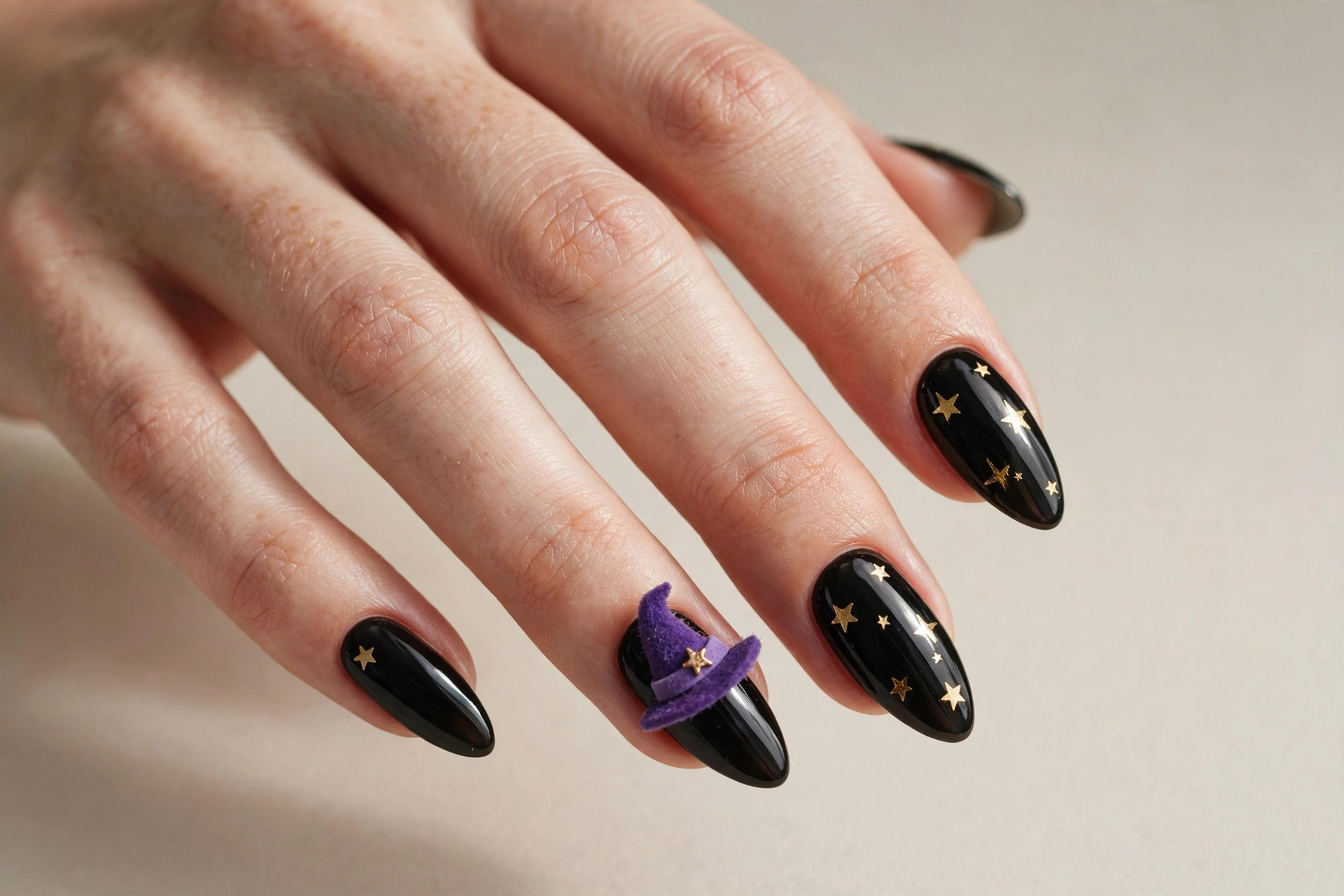 Glossy black nails with a small purple witch hat and gold stars
