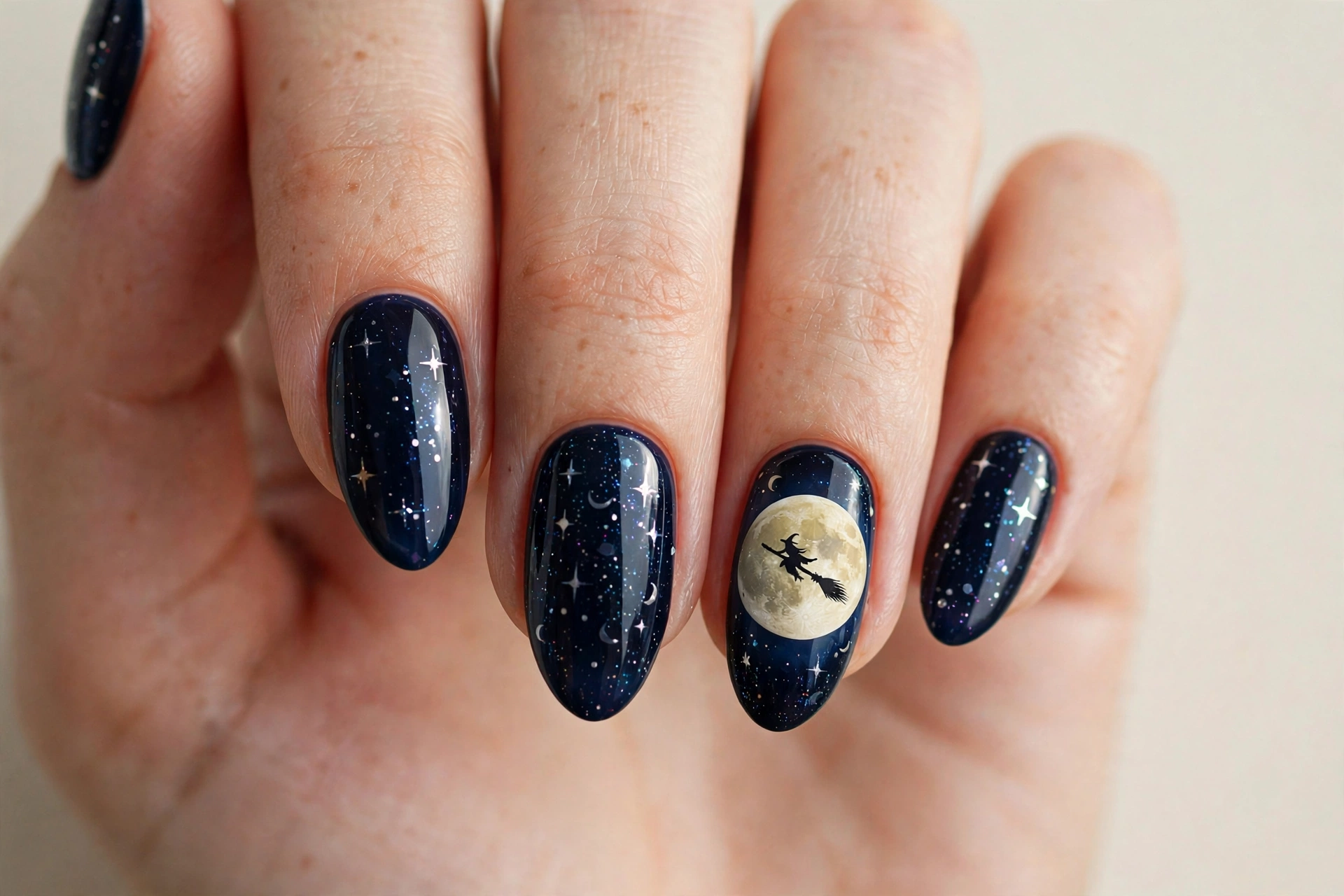 Midnight sky nails with a broomstick flying across a large full moon