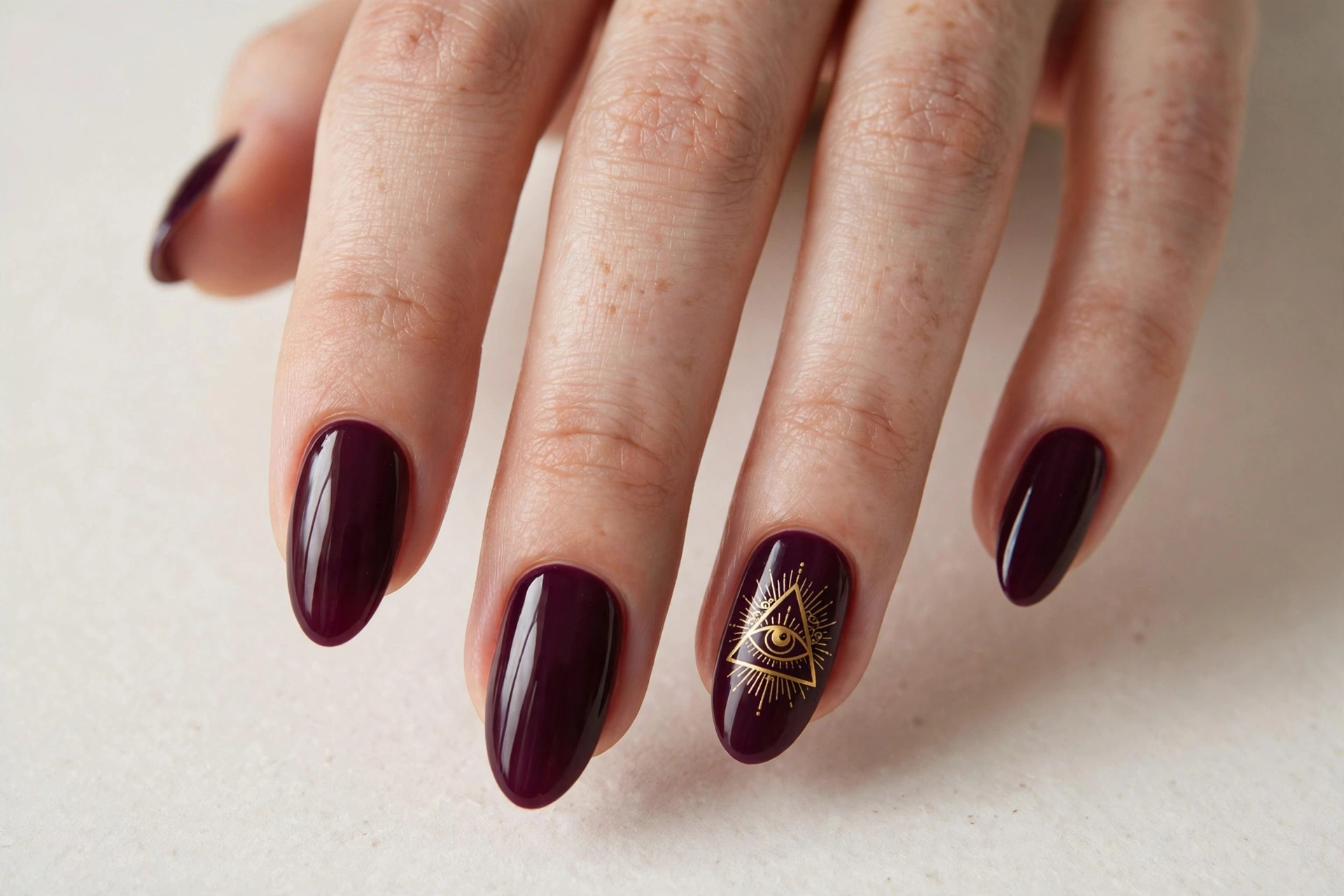 Deep plum nails with a gold all-seeing eye symbol on the ring finger