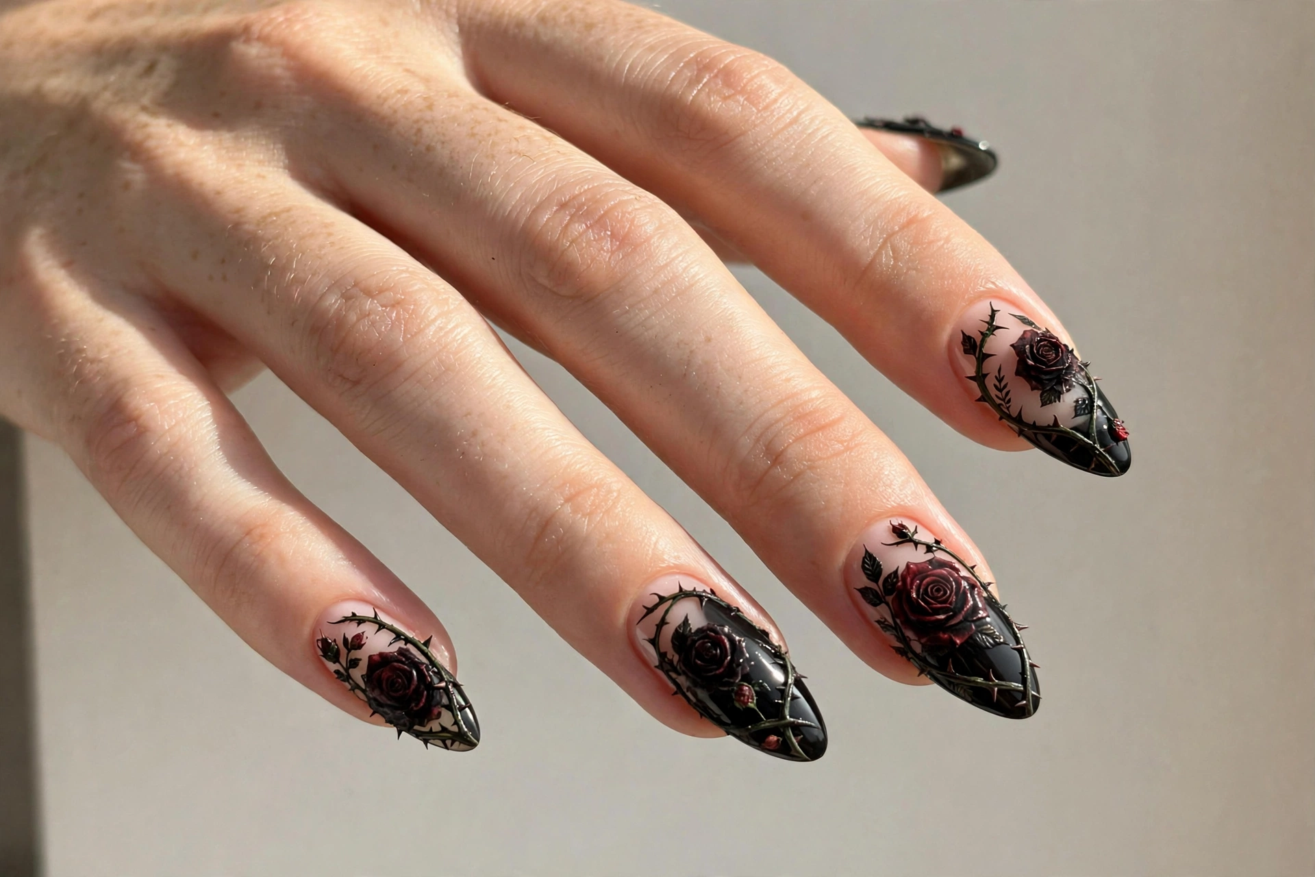 Black nails with dark gothic florals, deep red-black roses and thorny vines