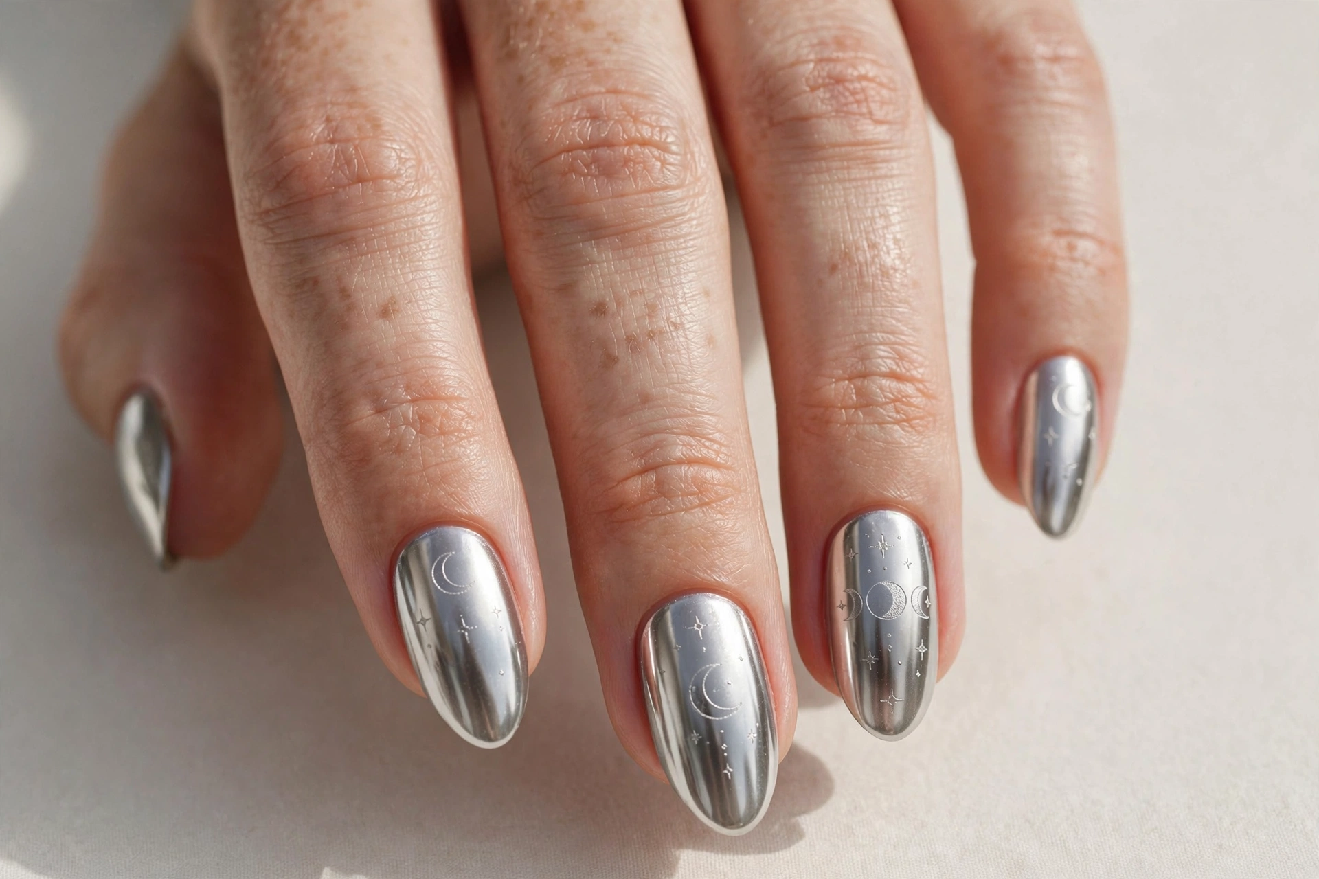 Silver chrome manicure with mystical mirror-like shine and faint moon engravings