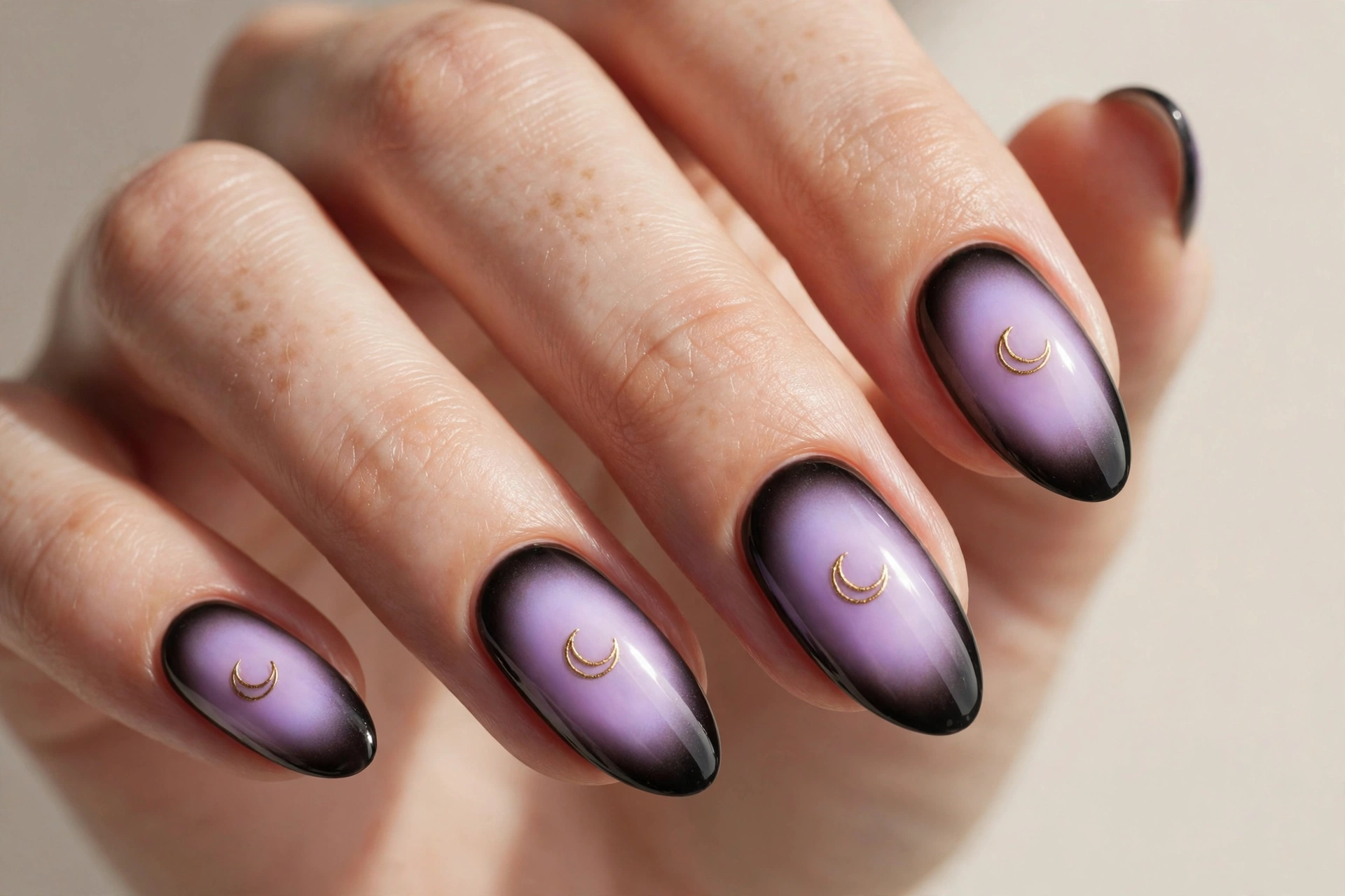 Lavender and black aura nails with a gold crescent moon in the center