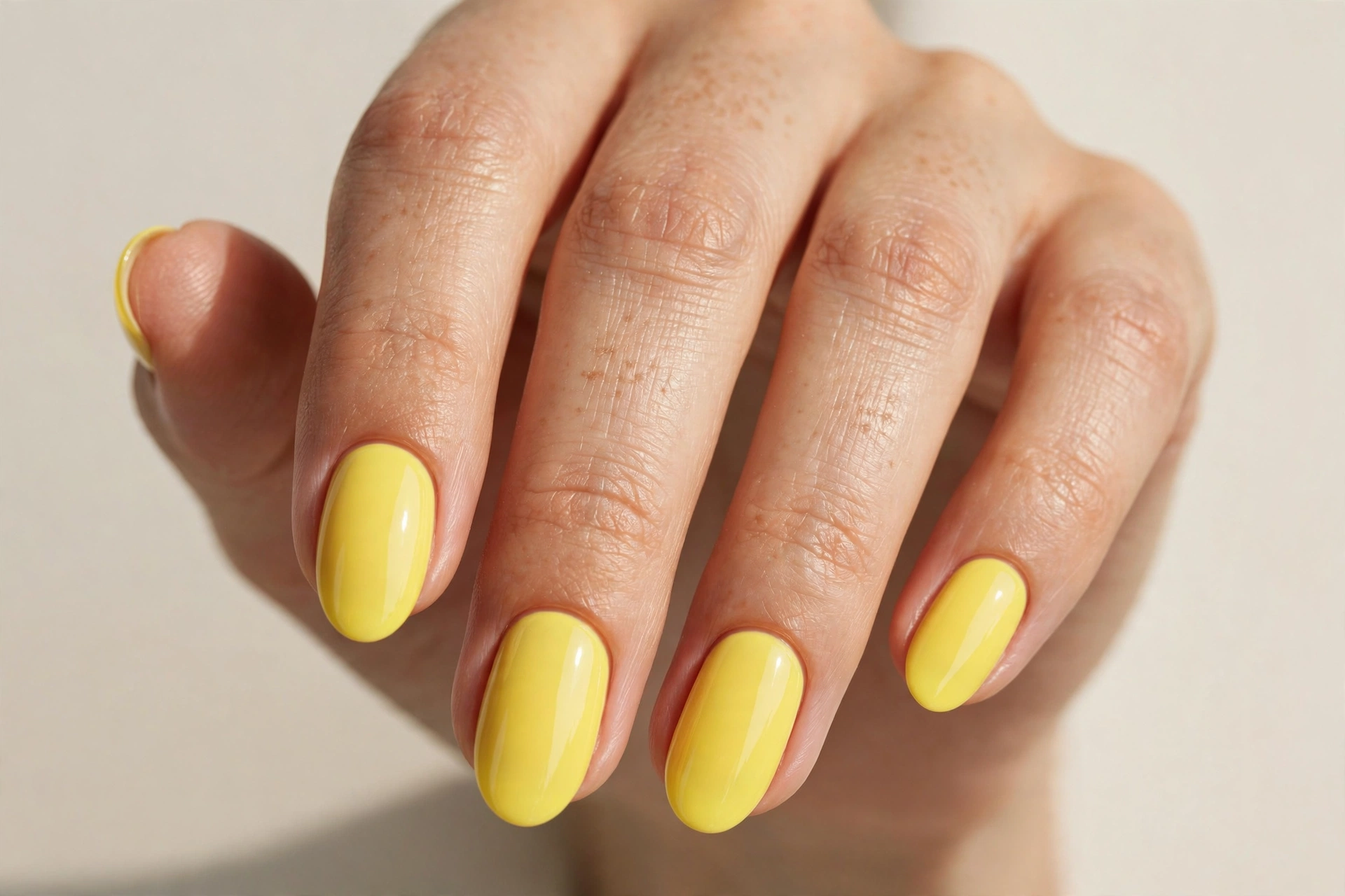 Close-up of a woman's hand with bright lemon yellow glossy manicure on almond nails