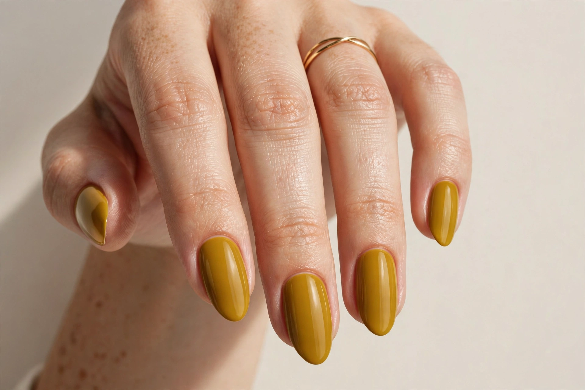 Close-up of a woman's hand with deep mustard yellow polished manicure on almond nails