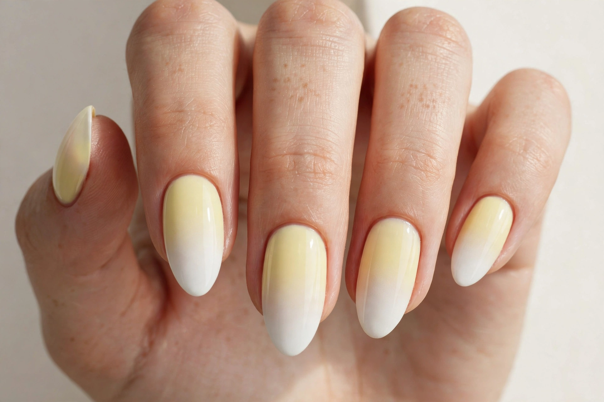 Close-up of a woman's hand with pastel yellow to white ombre gradient manicure on almond nails