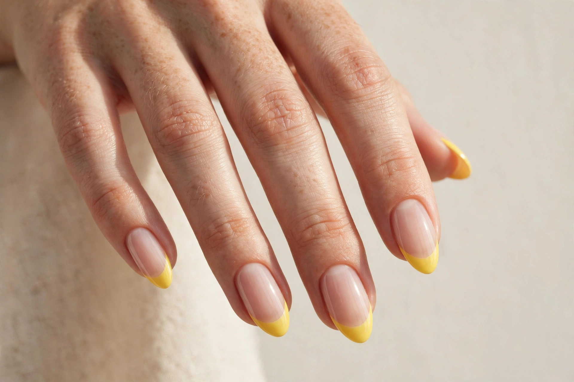 Close-up of a woman's hand with yellow French tip manicure on almond nails