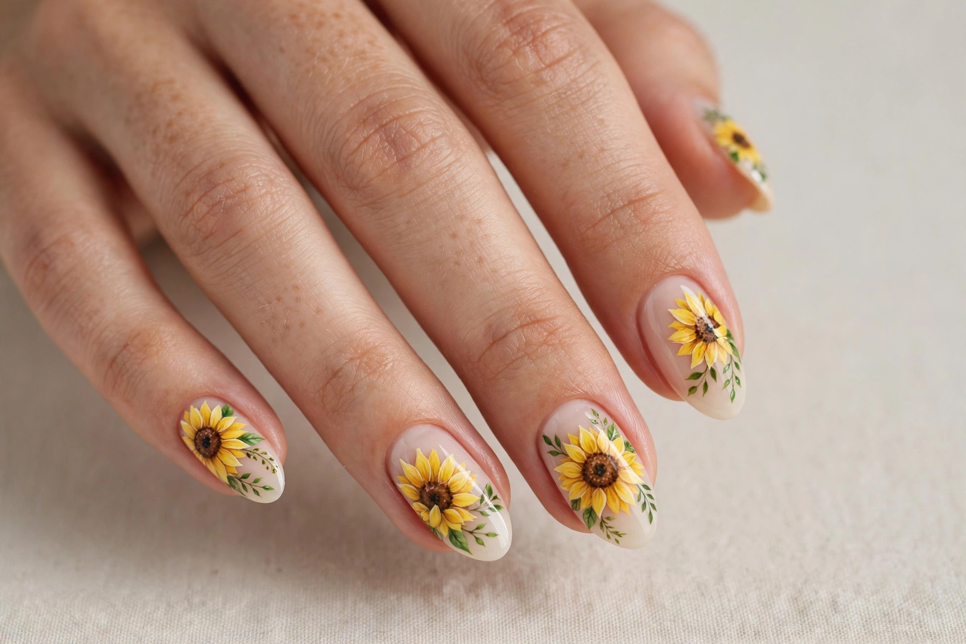 Close-up of a woman's hand with hand-painted sunflower nail art manicure on almond nails