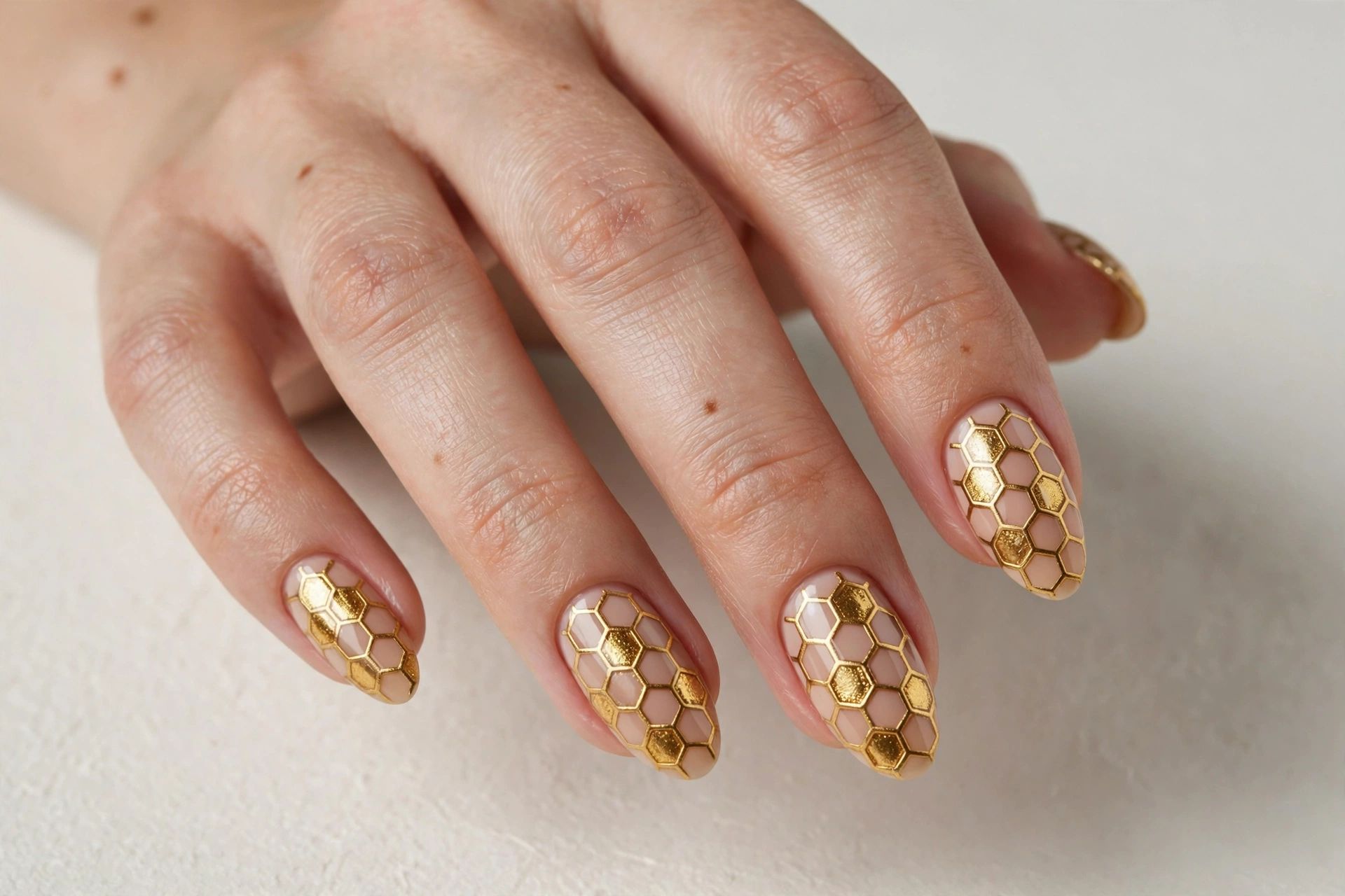 Close-up of a woman's hand with golden honeycomb geometric pattern nail art on almond nails