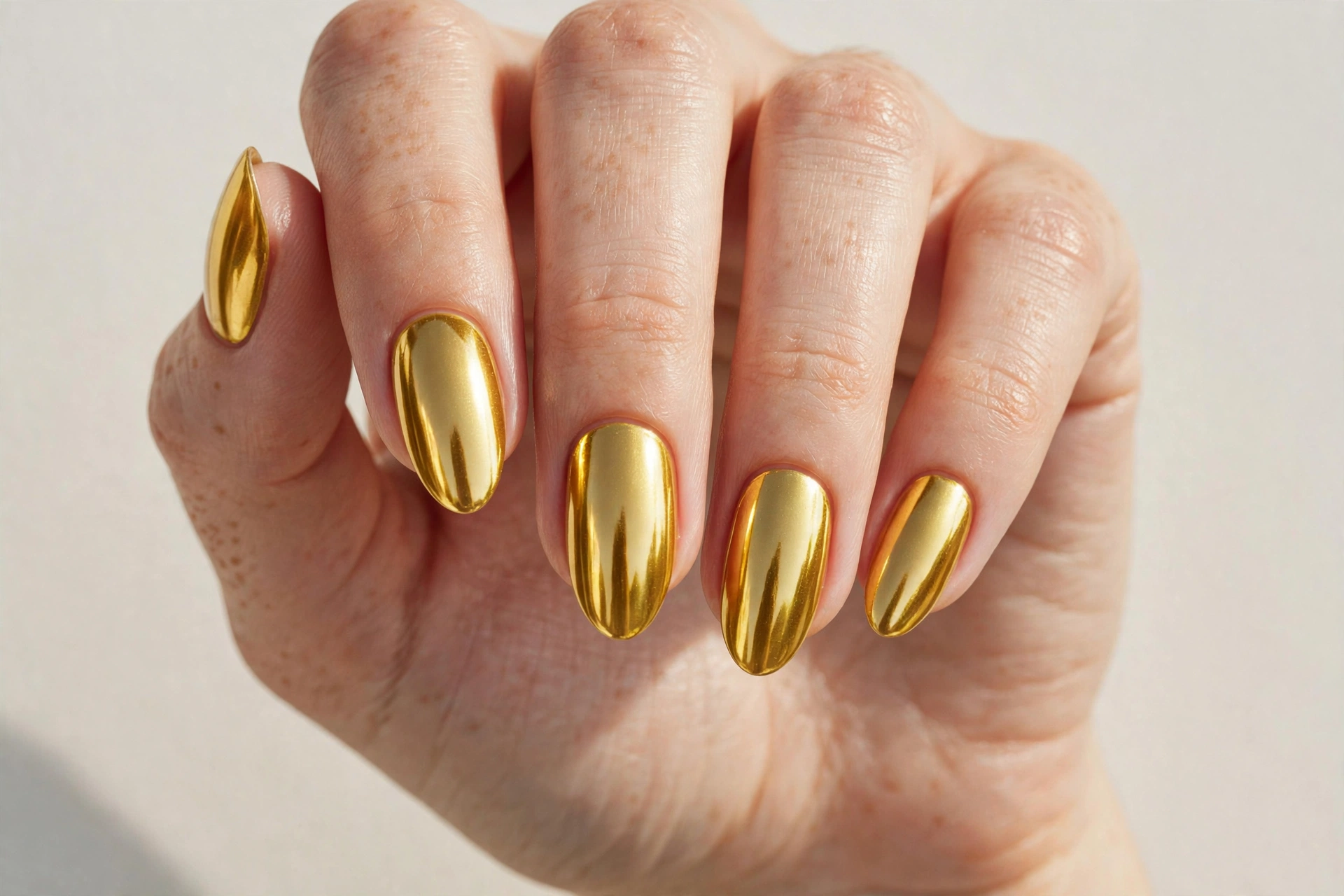 Close-up of a woman's hand with golden yellow chrome mirror manicure on almond nails