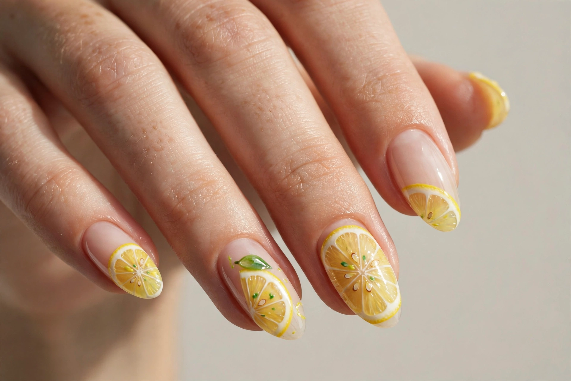 Close-up of a woman's hand with lemon slice nail art manicure on almond nails