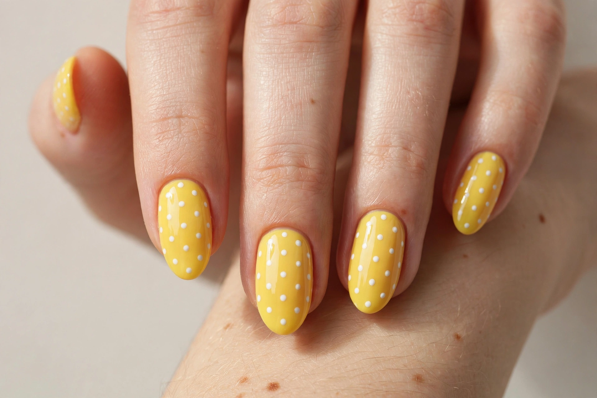 Close-up of a woman's hand with yellow nails with white polka dot nail art on almond nails