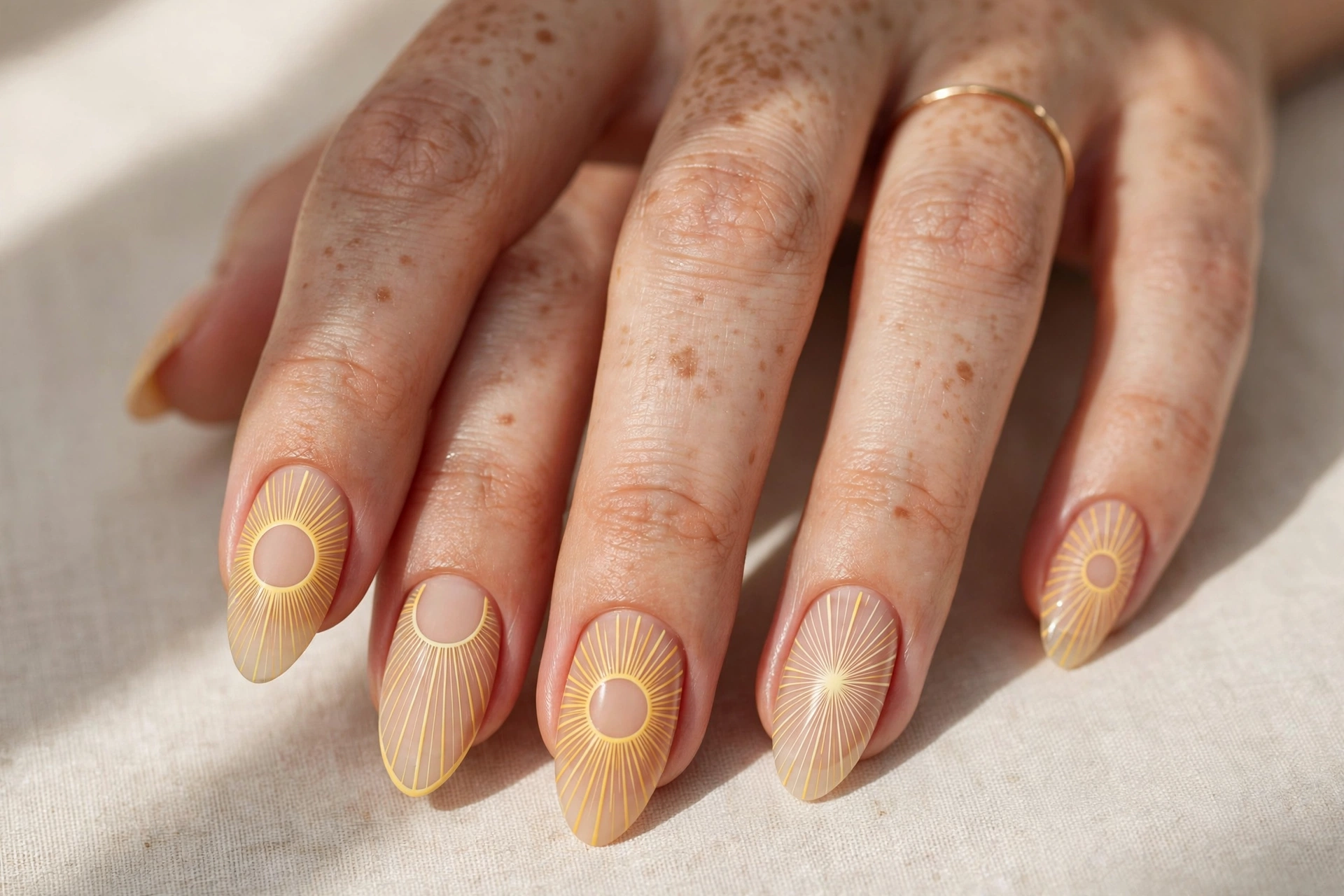 Close-up of a woman's hand with sun ray negative space nail art in yellow and nude on almond nails