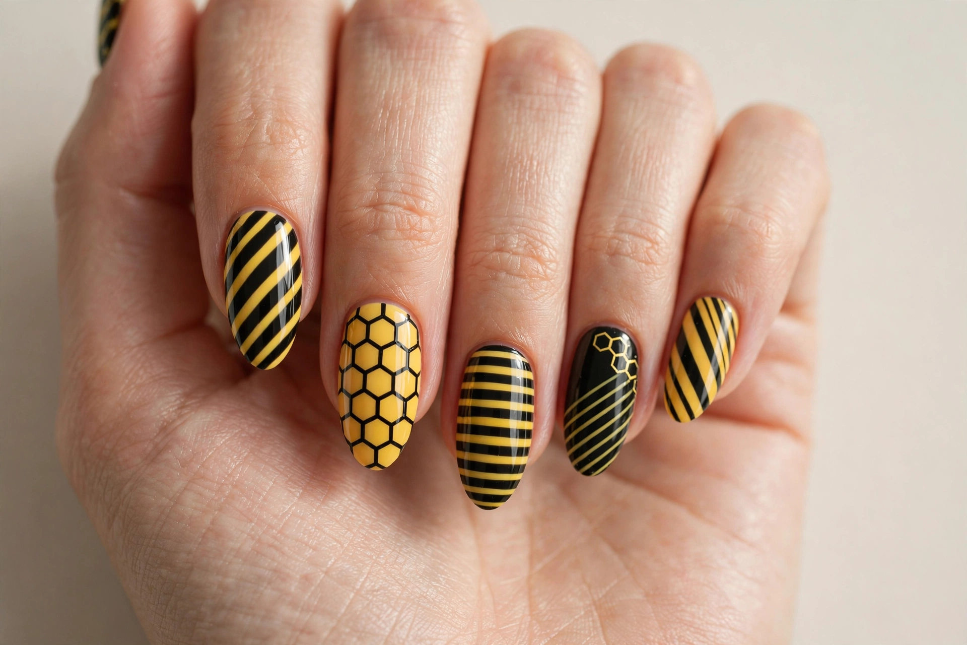 Close-up of a woman's hand with black and yellow beehive stripe nail art on almond nails