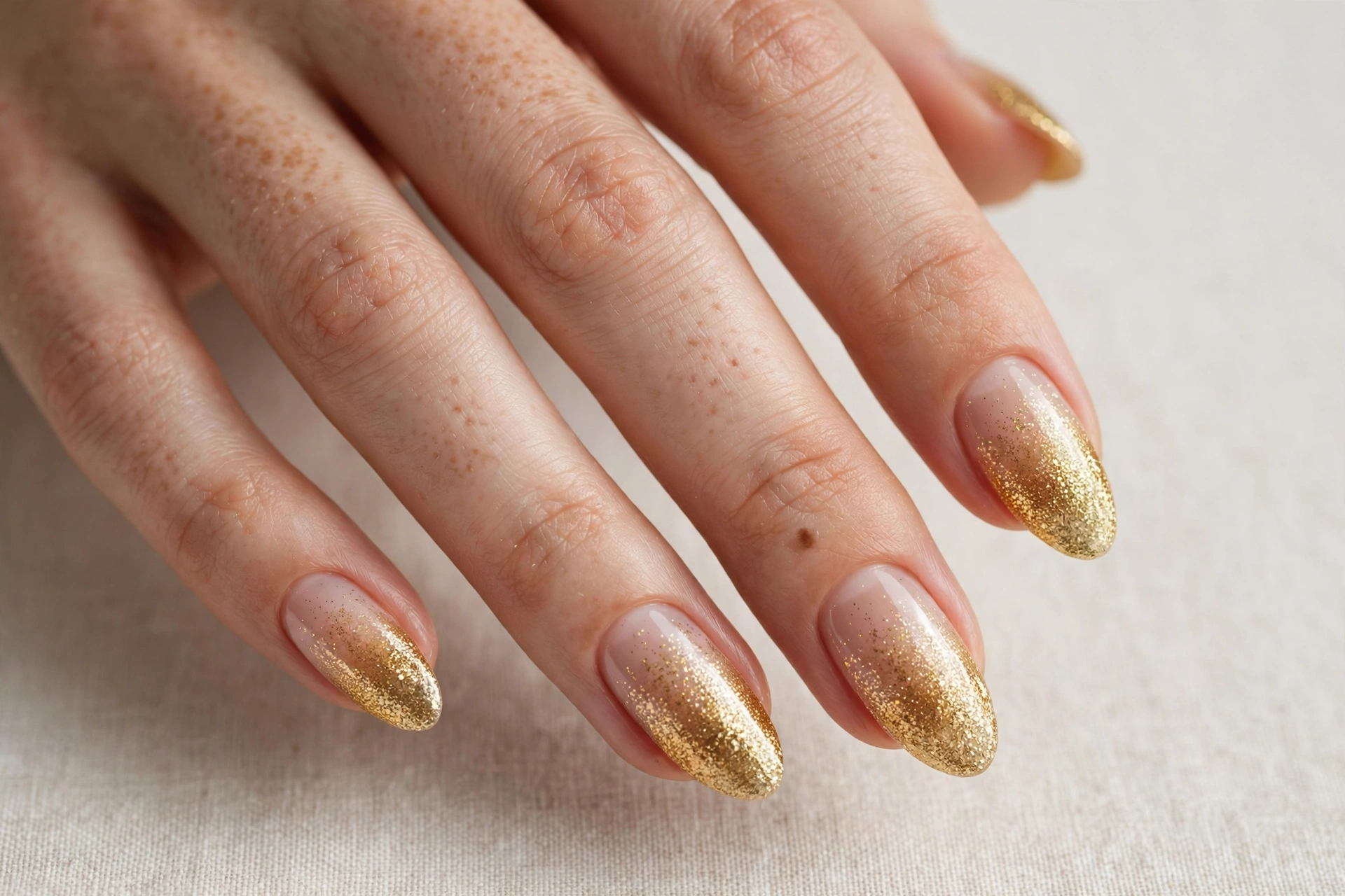 Close-up of a woman's hand with golden glitter gradient nail art on almond nails