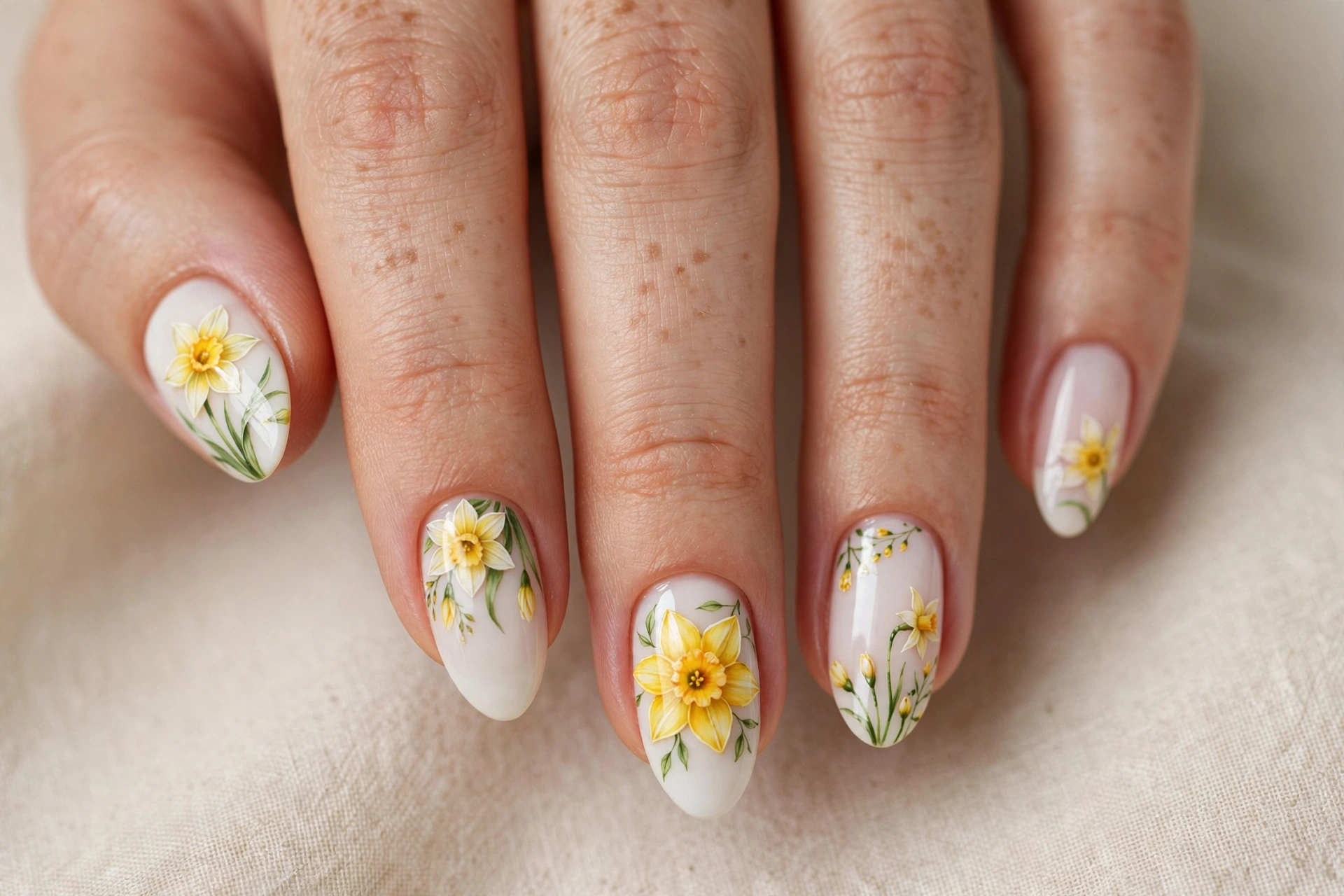 Close-up of a woman's hand with daffodil flower nail art in yellow and white on almond nails