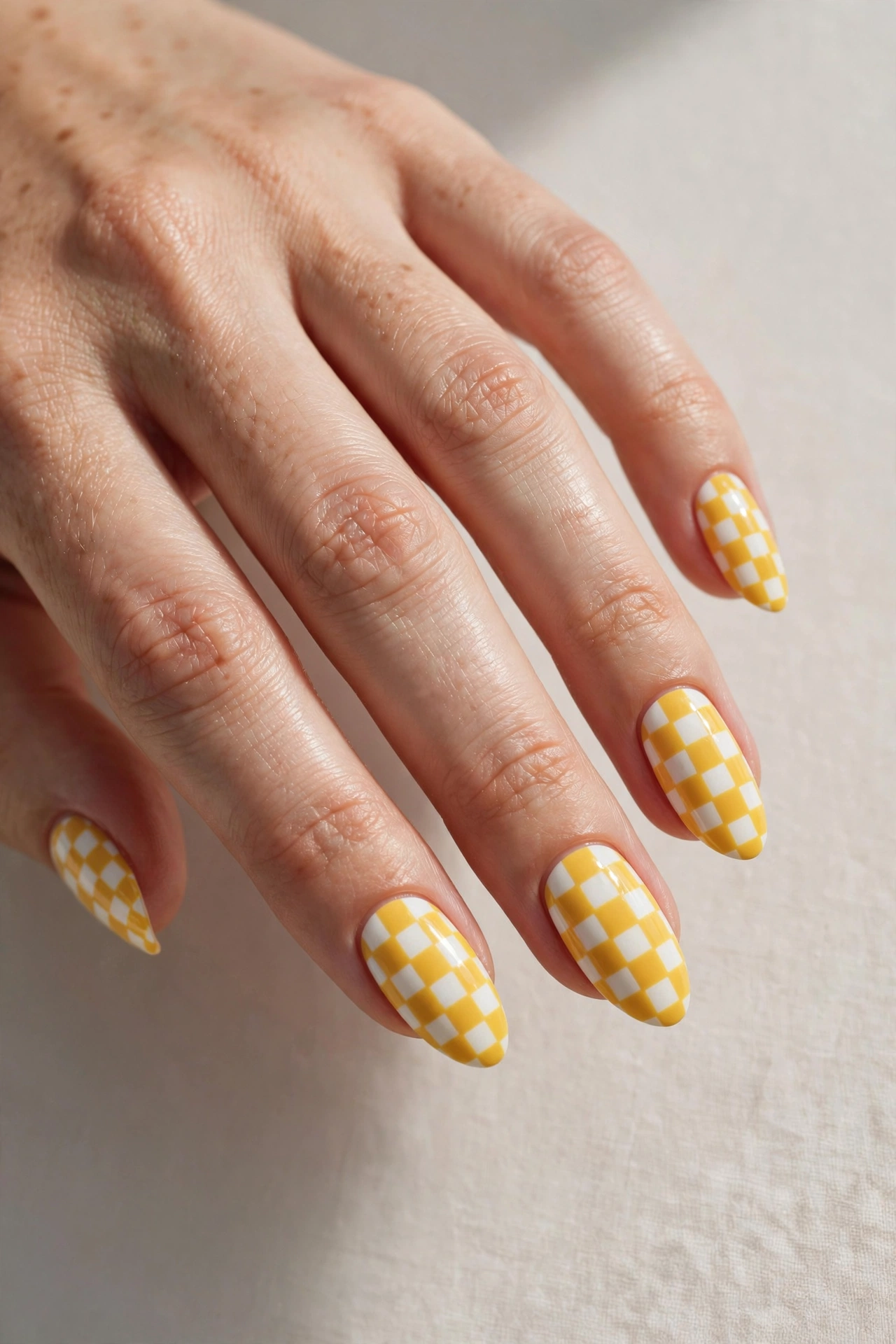 Close-up of a woman's hand with yellow and white checkerboard nail art on almond nails