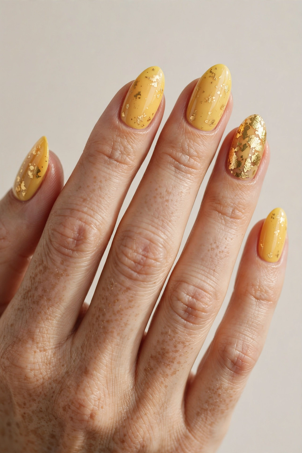 Close-up of a woman's hand with yellow nails with gold foil flake accent nail art on almond nails