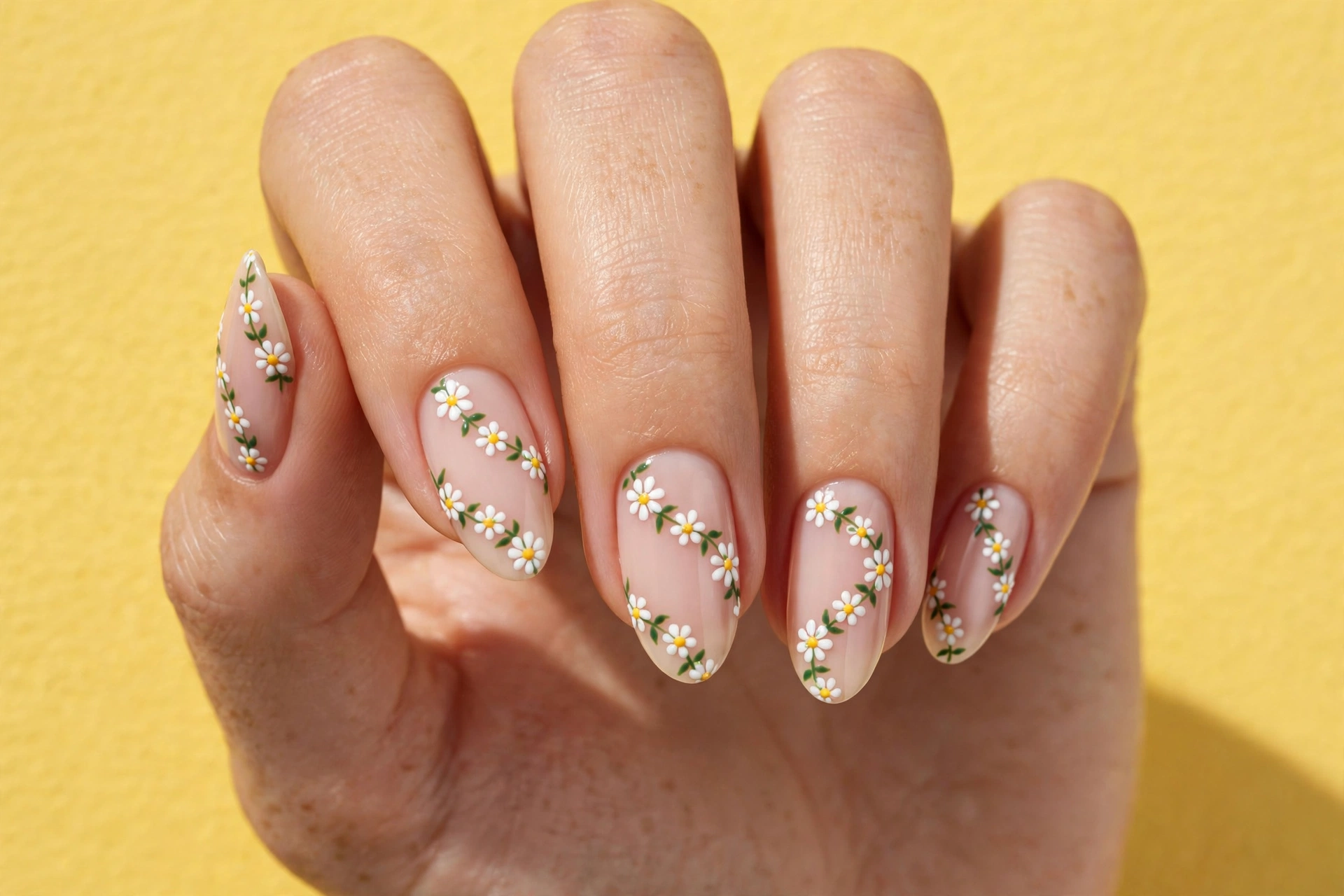 Close-up of a woman's hand with daisy chain floral nail art on yellow background on almond nails