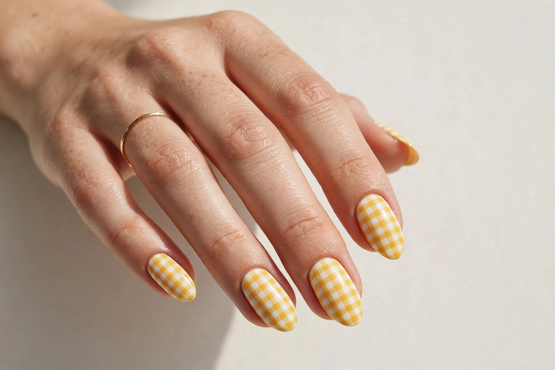 Close-up of a woman's hand with yellow gingham check pattern nail art on almond nails