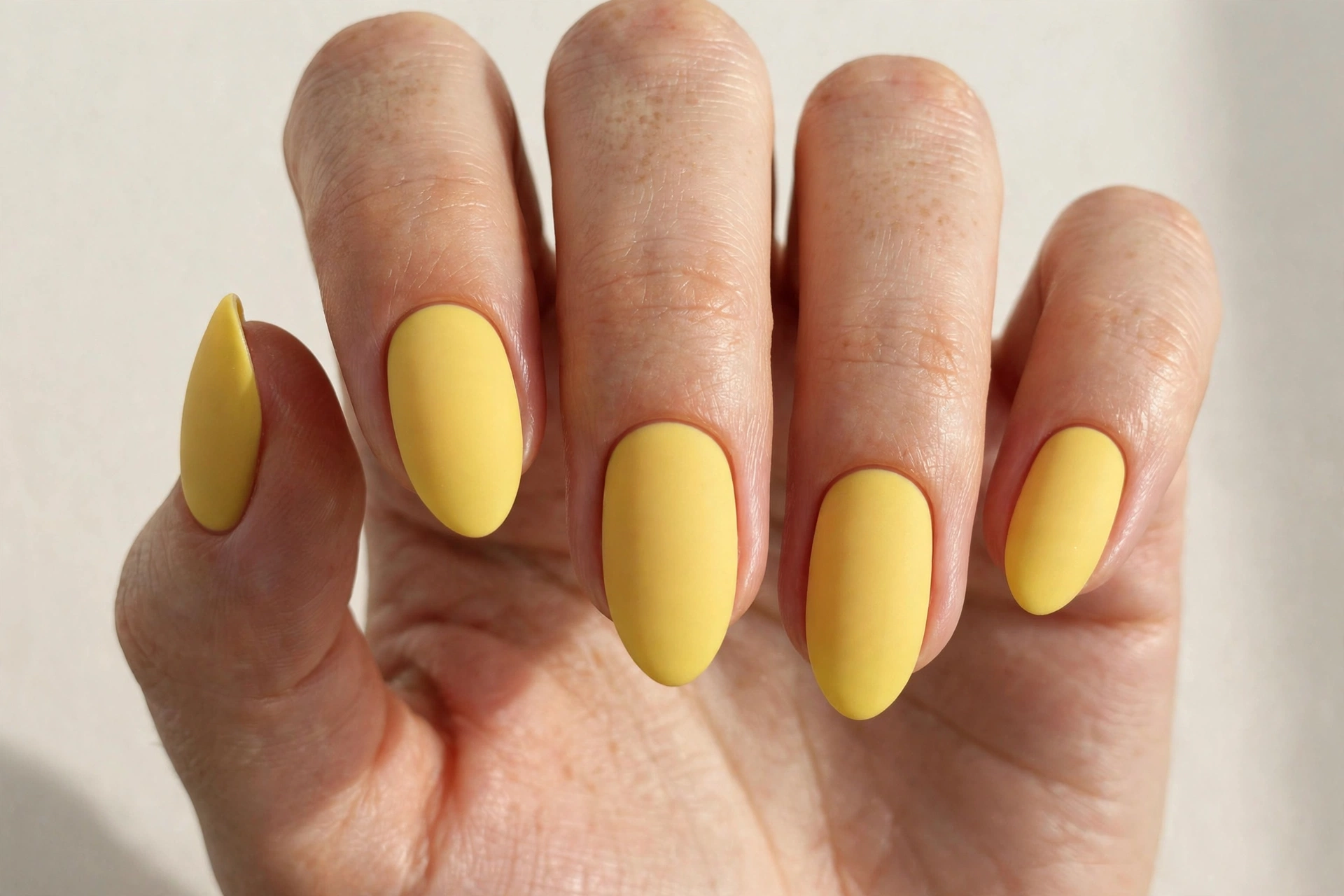 Close-up of a woman's hand with matte sunshine yellow manicure on almond nails