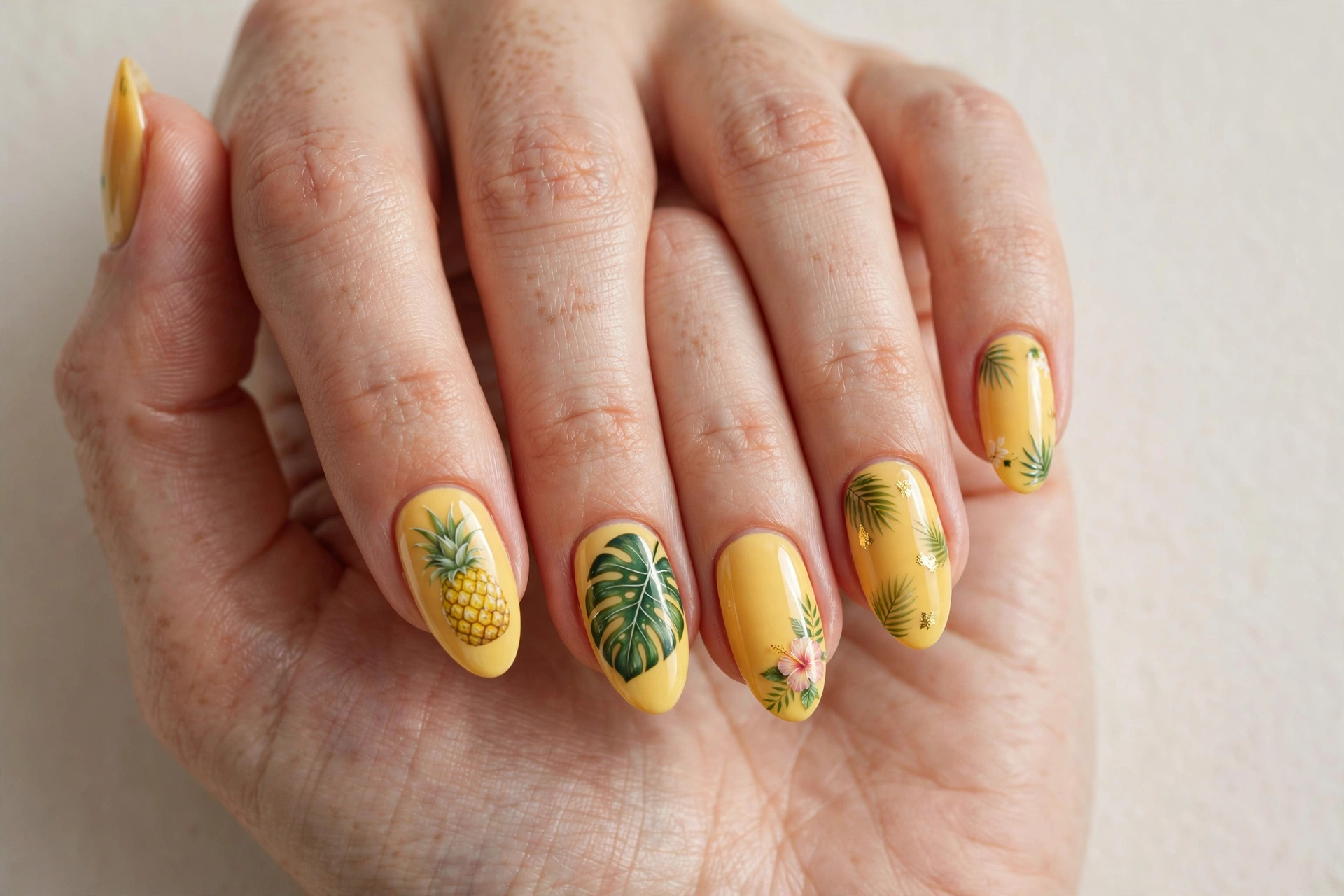 Close-up of a woman's hand with pineapple yellow tropical nail art on almond nails
