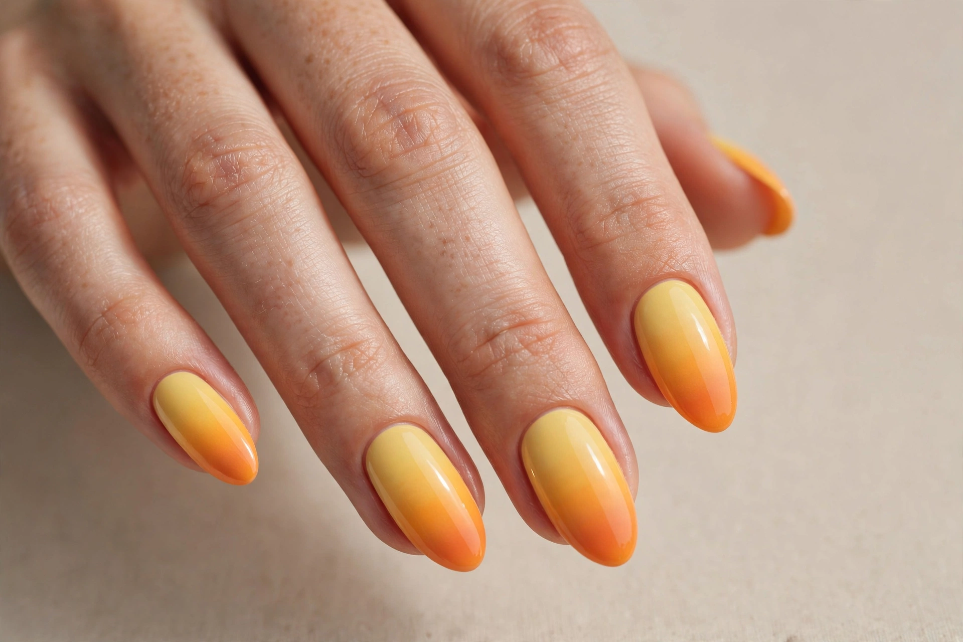 Close-up of a woman's hand with yellow to orange sunset ombre gradient manicure on almond nails