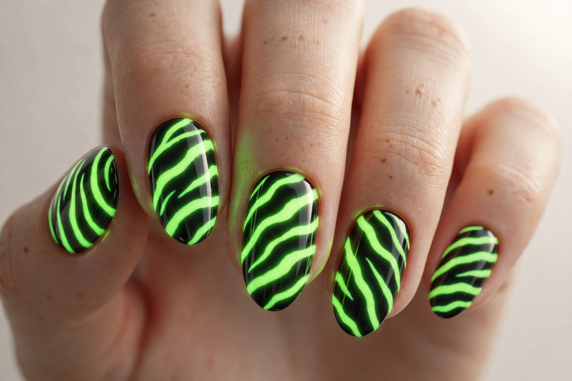 Neon green zebra stripes on black nails