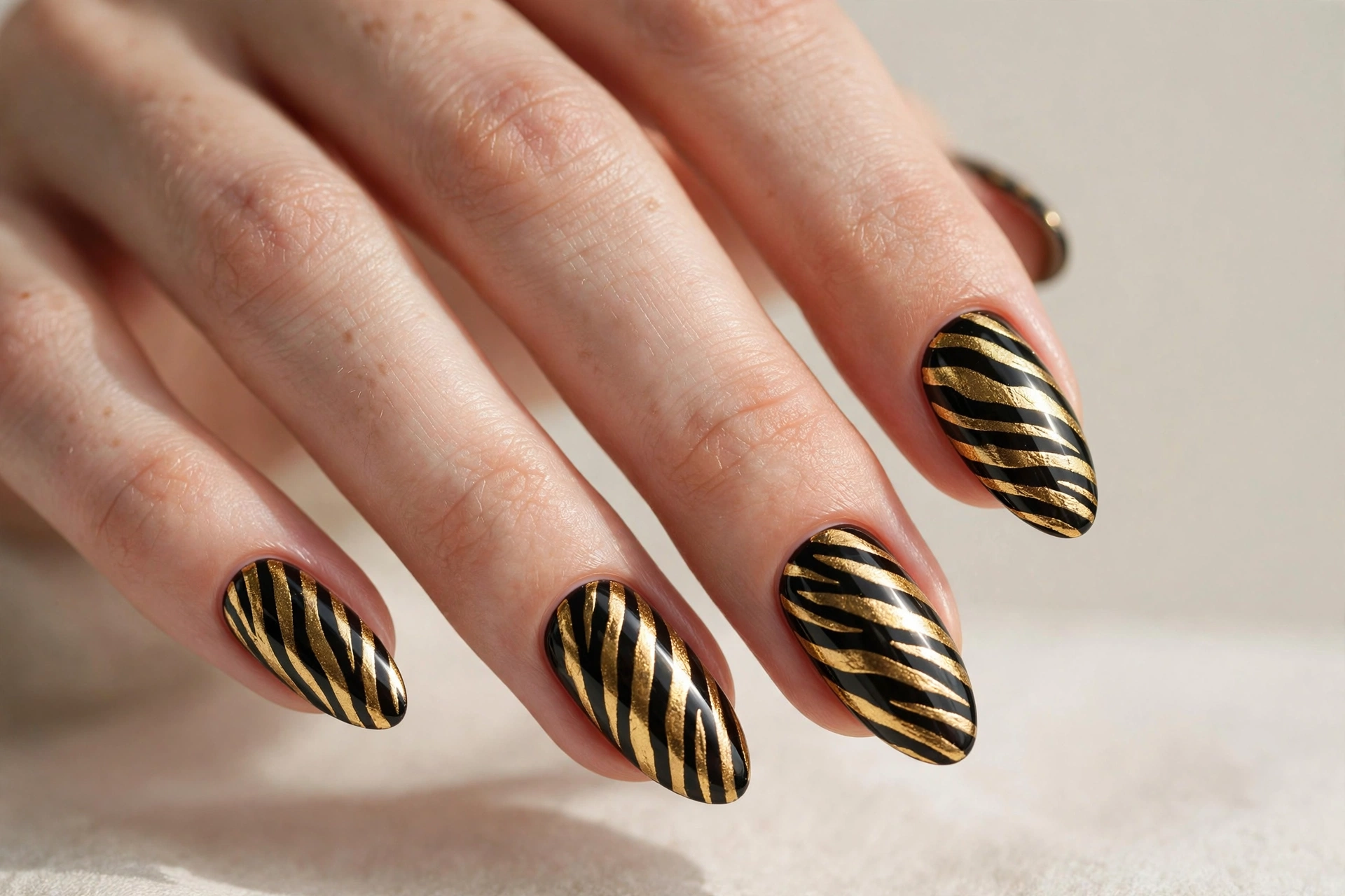 Metallic gold zebra stripes on glossy black nails