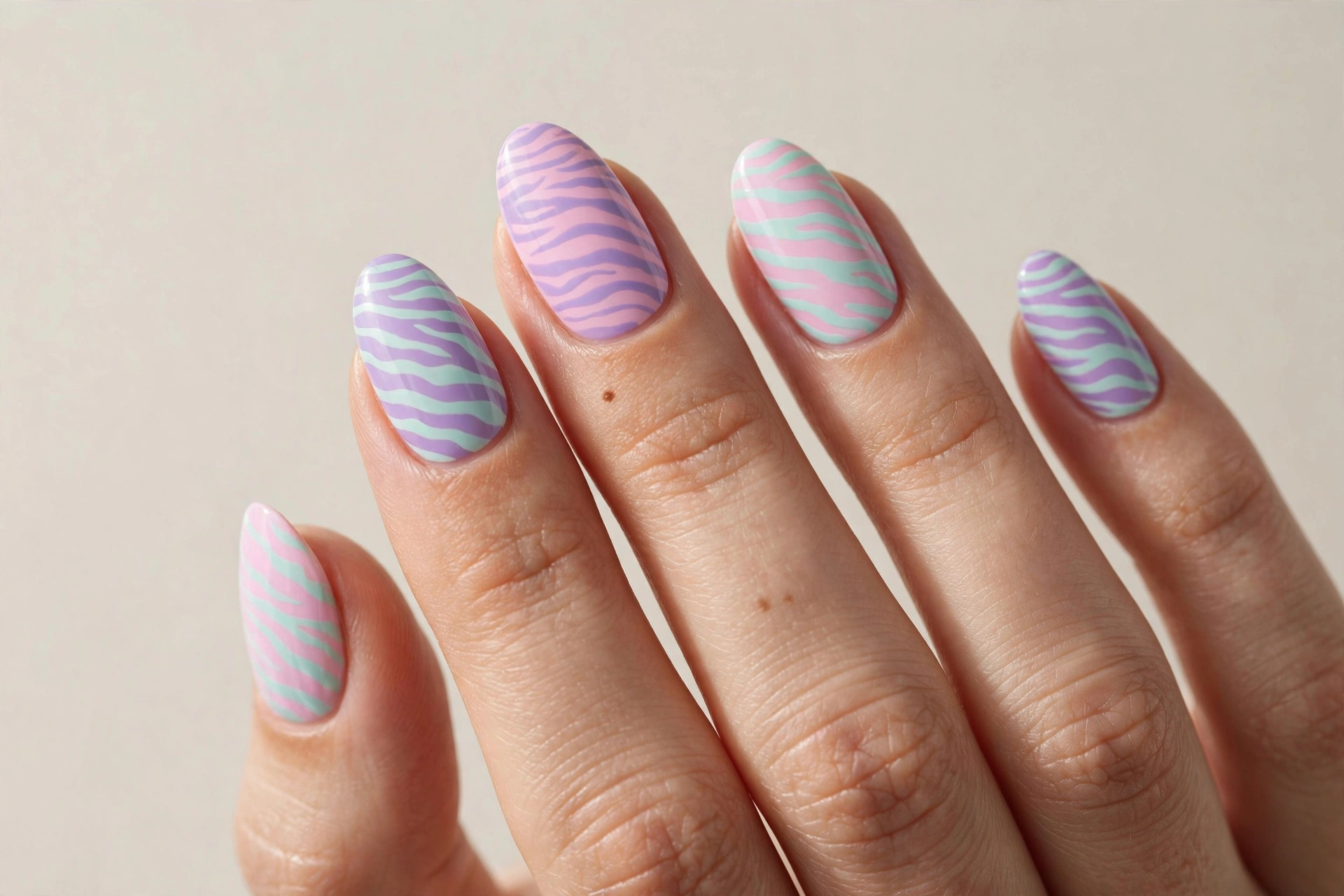 Pastel zebra print nails in soft pink lavender and mint
