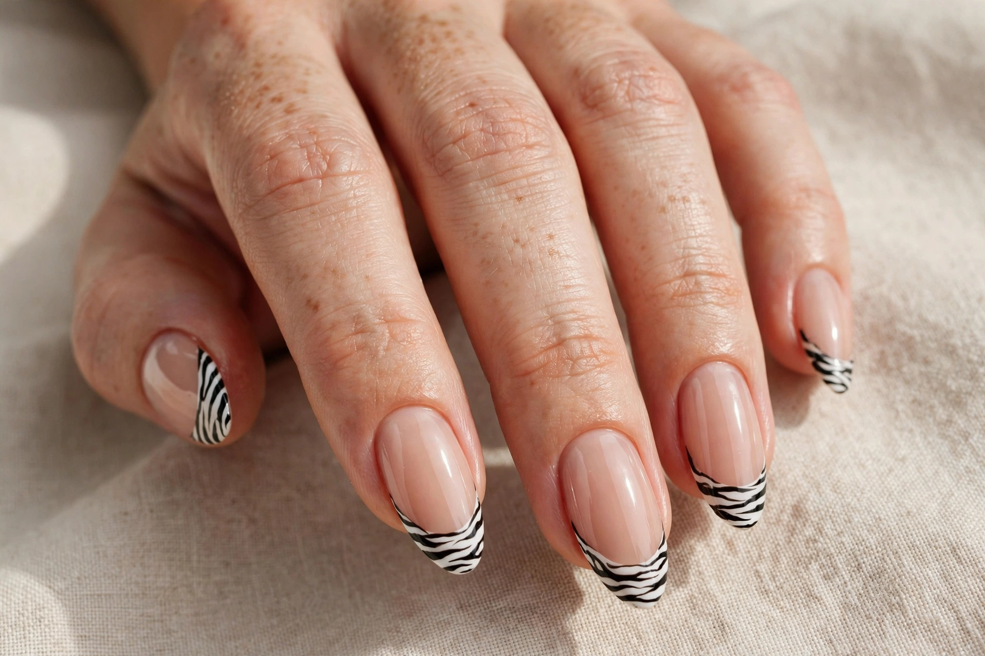 Zebra French tip manicure with nude base and striped tips