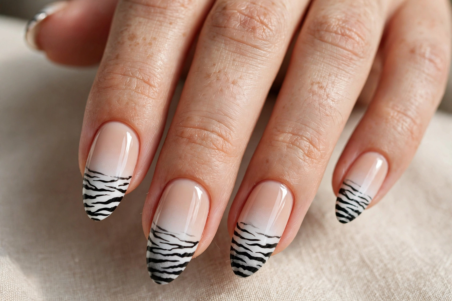 Ombré zebra nails fading from nude to white with black stripes