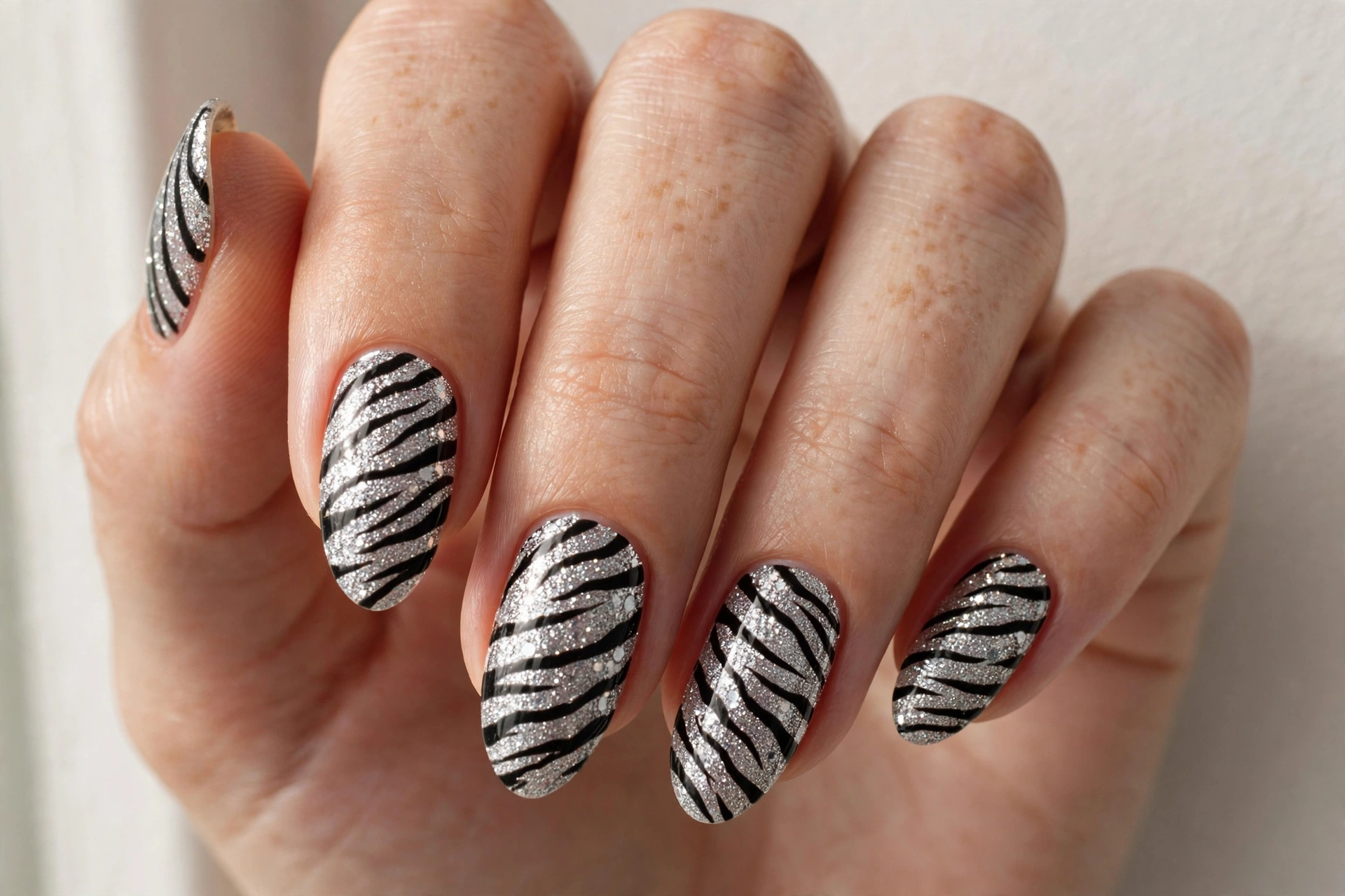 Silver glitter zebra stripe nail art