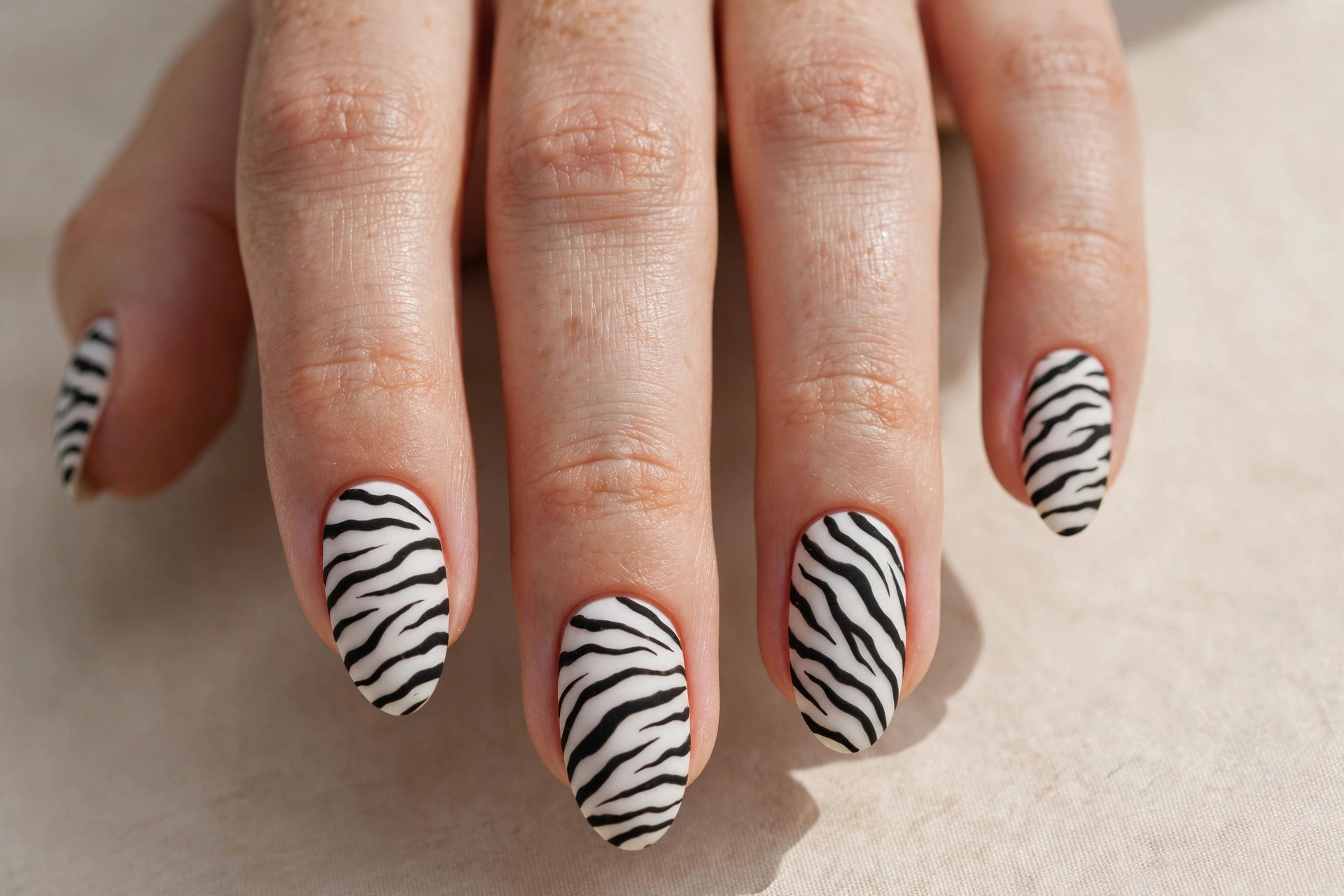 Matte black and white zebra print nails with velvety finish