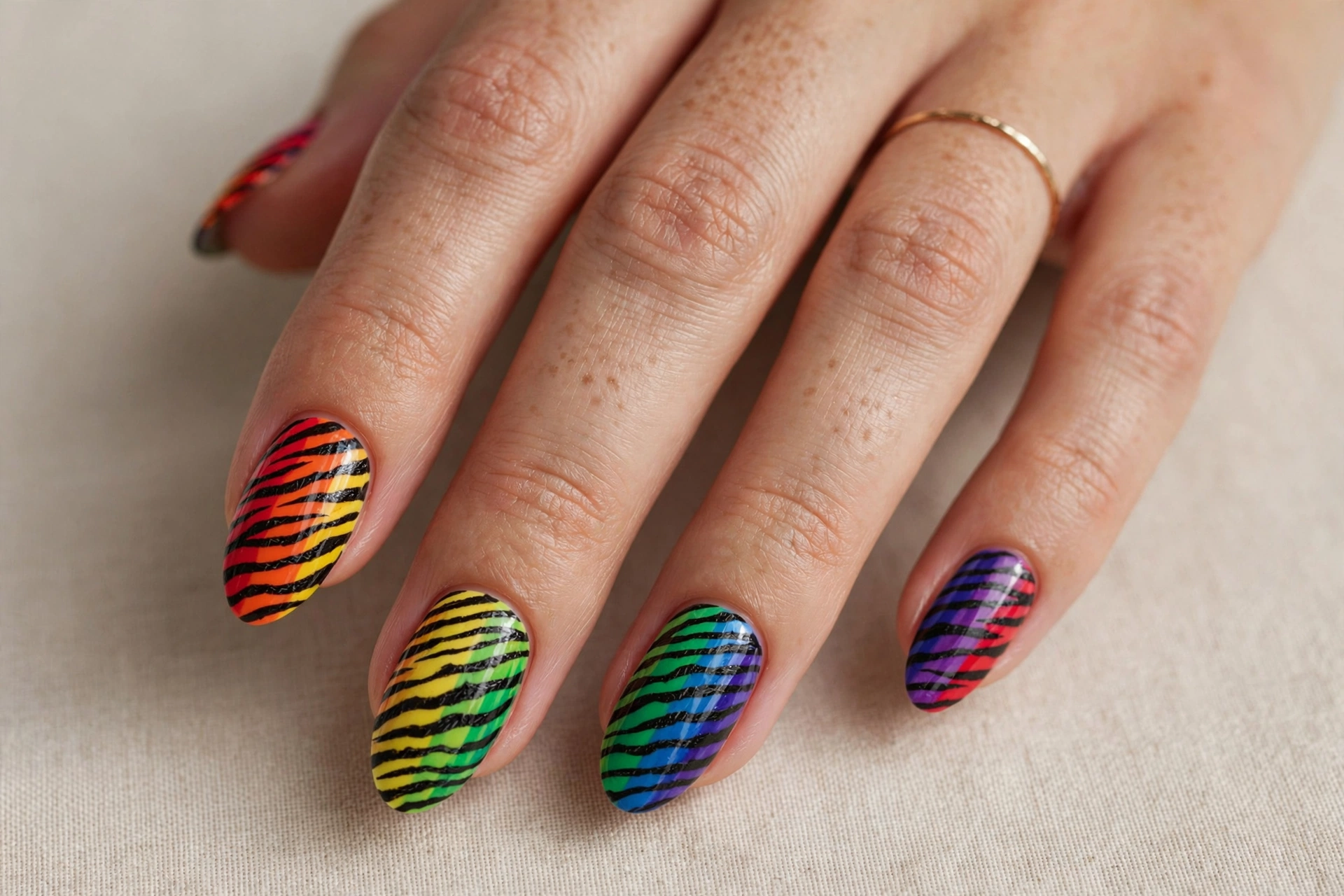 Colorful rainbow zebra stripe nail art