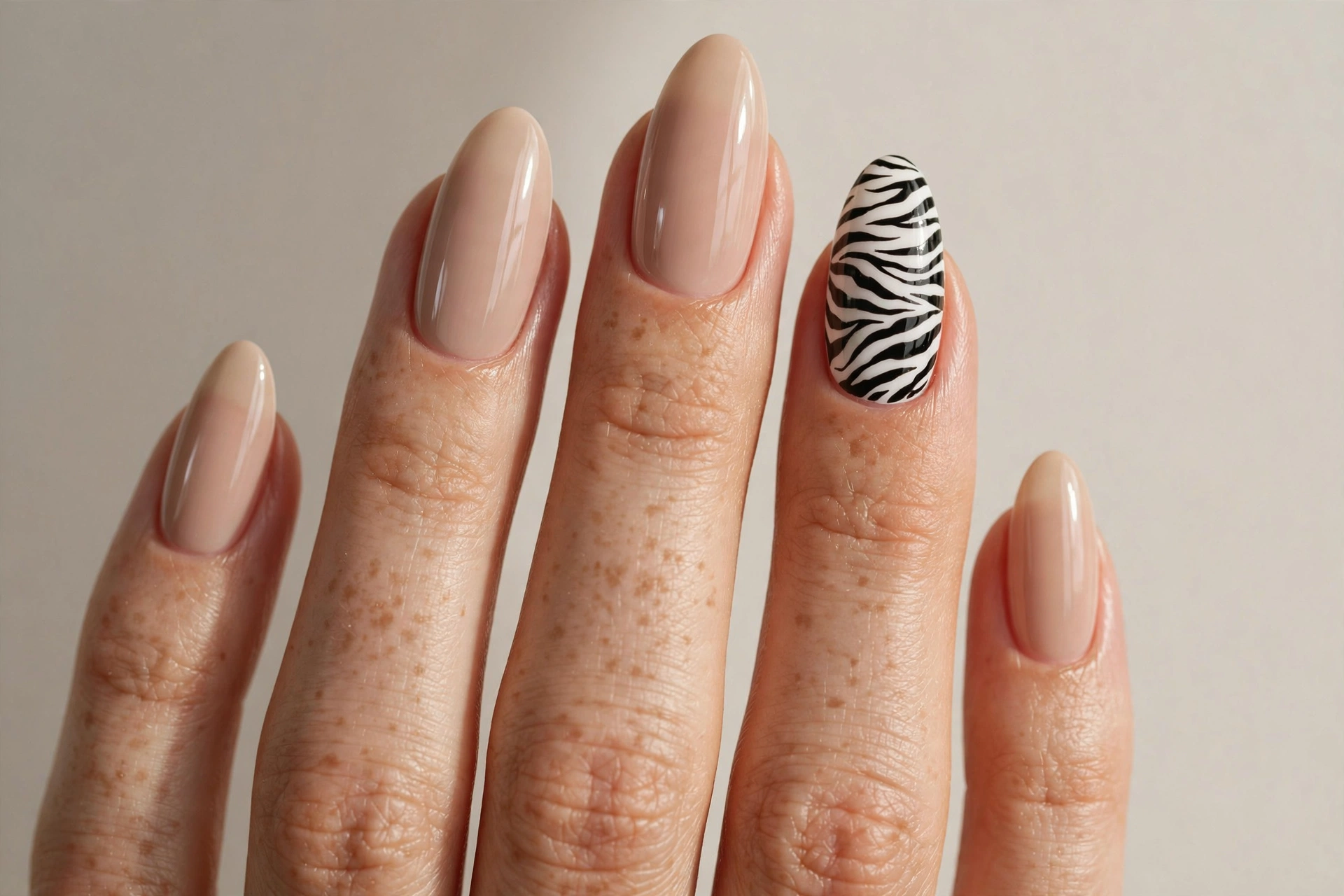 Nude manicure with single zebra print accent nail