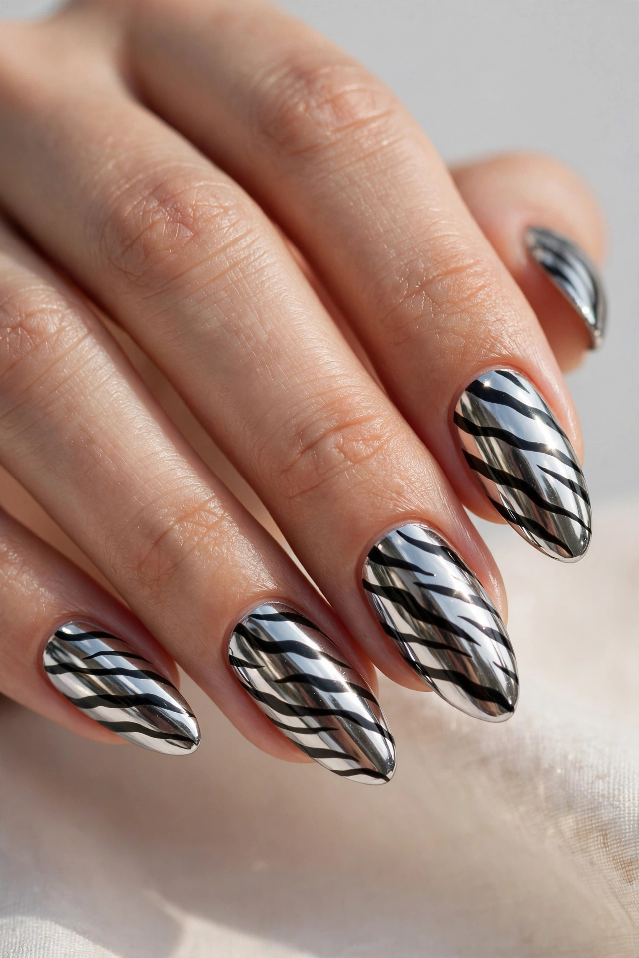 Mirror chrome zebra stripes on black nails