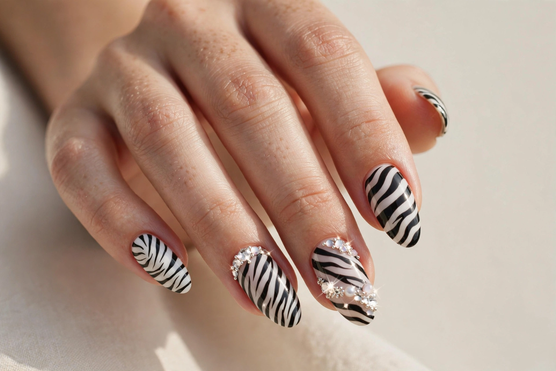 Zebra print nails decorated with rhinestones and crystals