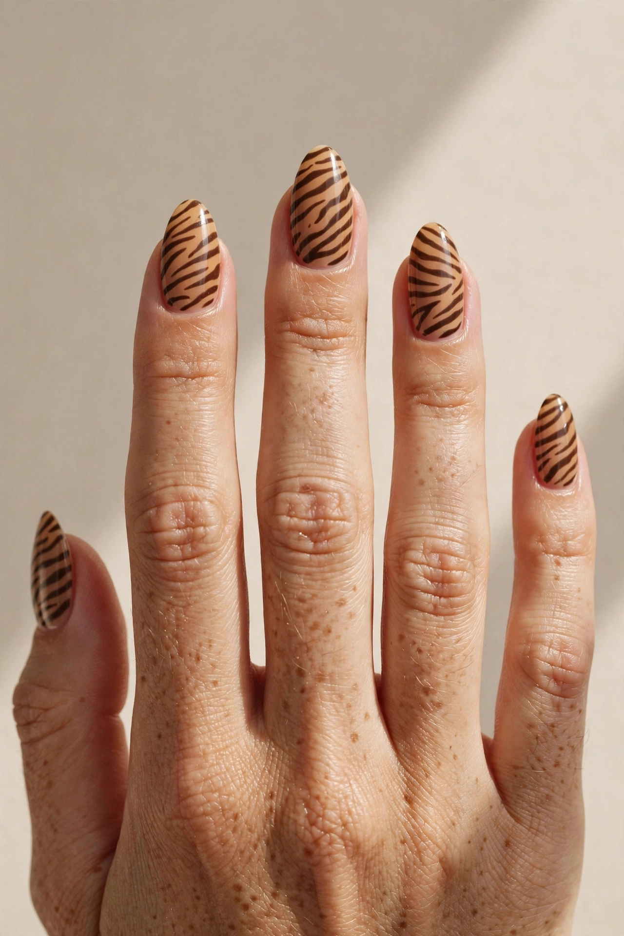 Natural brown zebra print nails in earthy tan tones