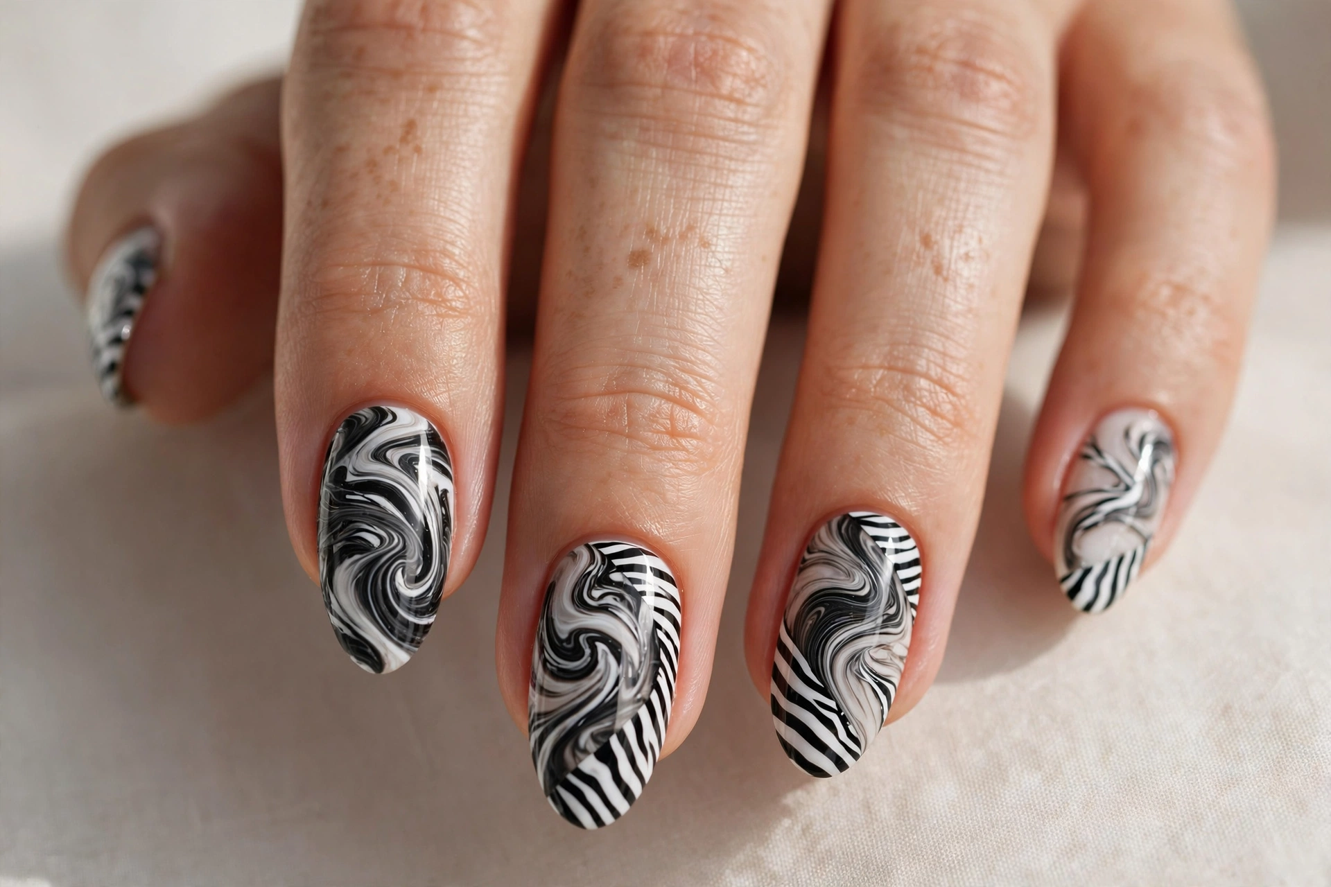 Zebra marble mix nail art with swirling black and white