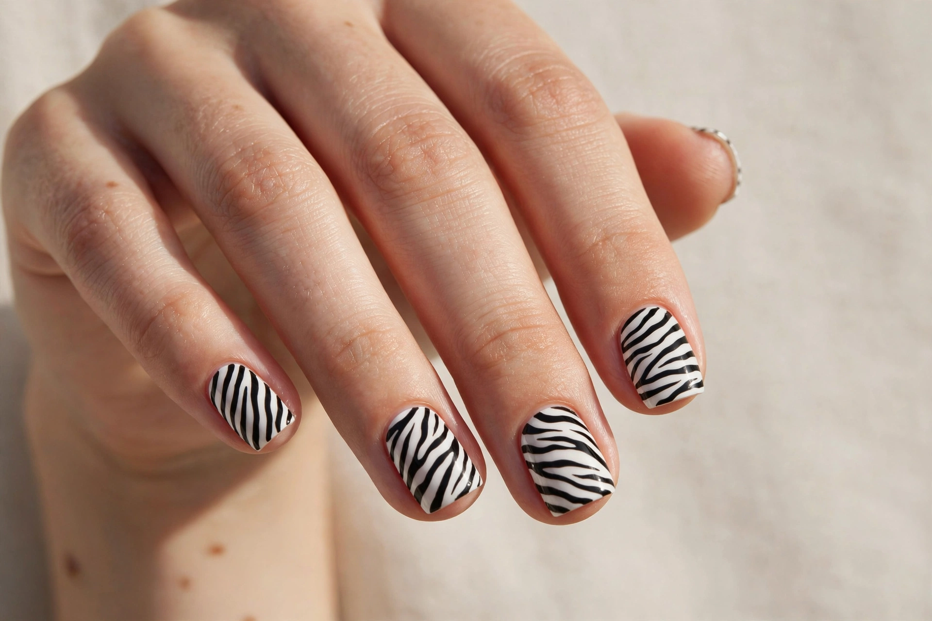 Black and white zebra print on short square nails
