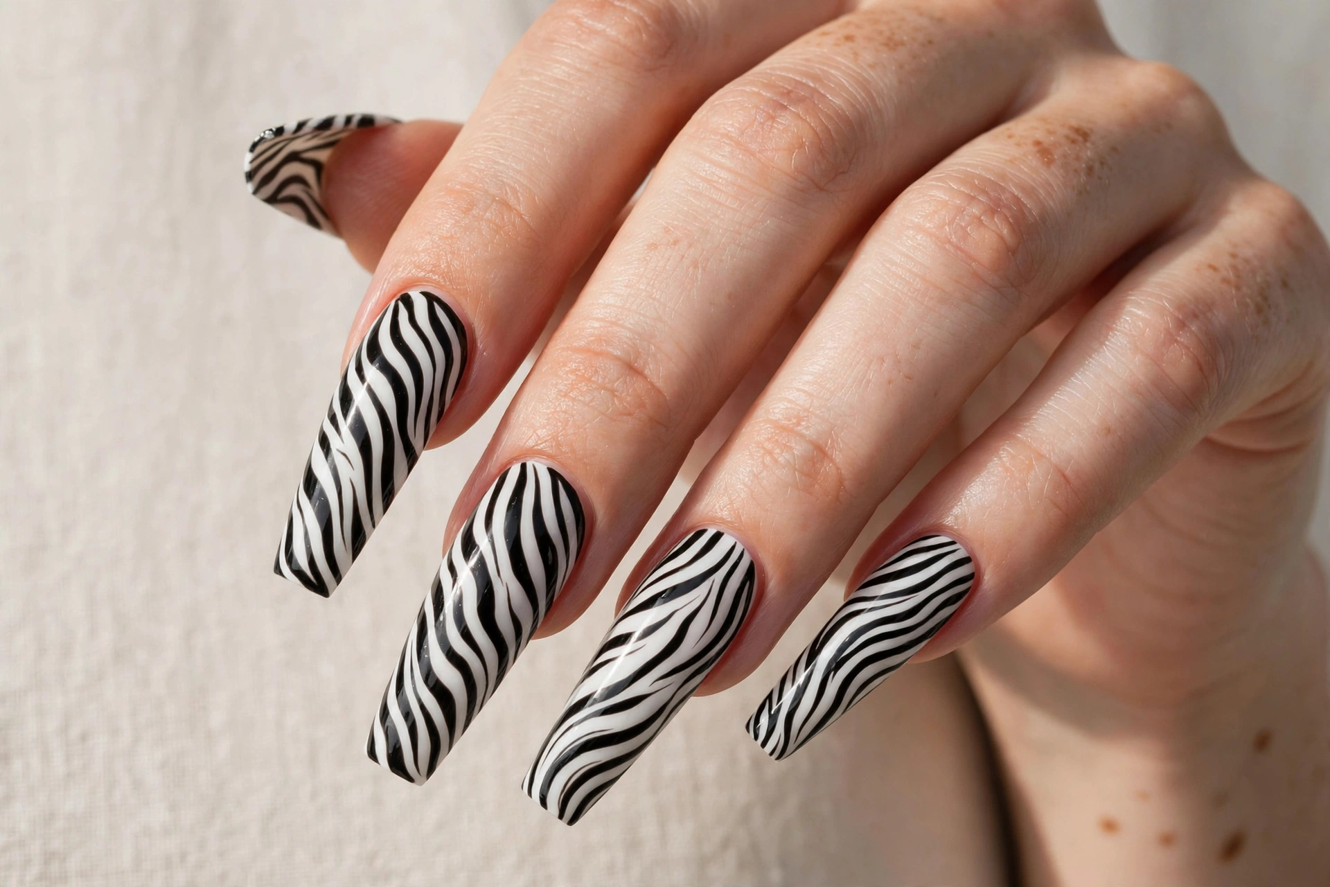 Black and white zebra stripes on long coffin nails